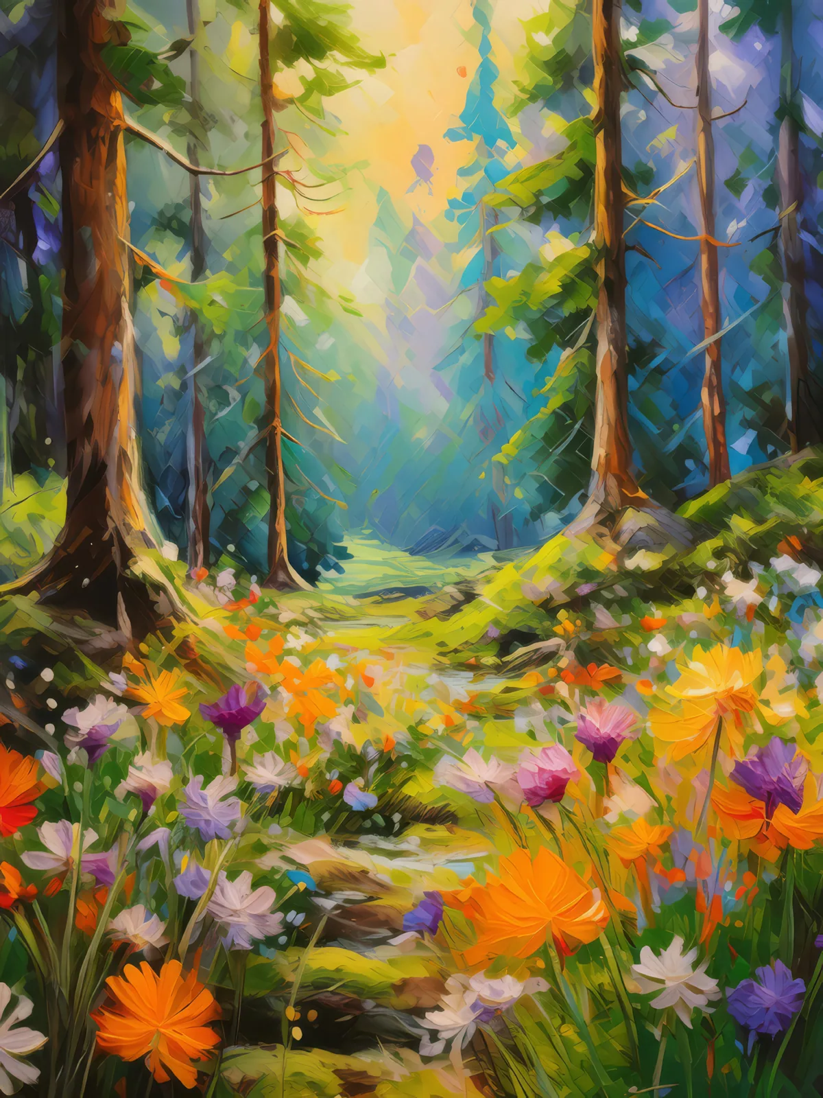 Floral Explosion in Jungle, a palette-knife oil landscape by Emma Mickelberg