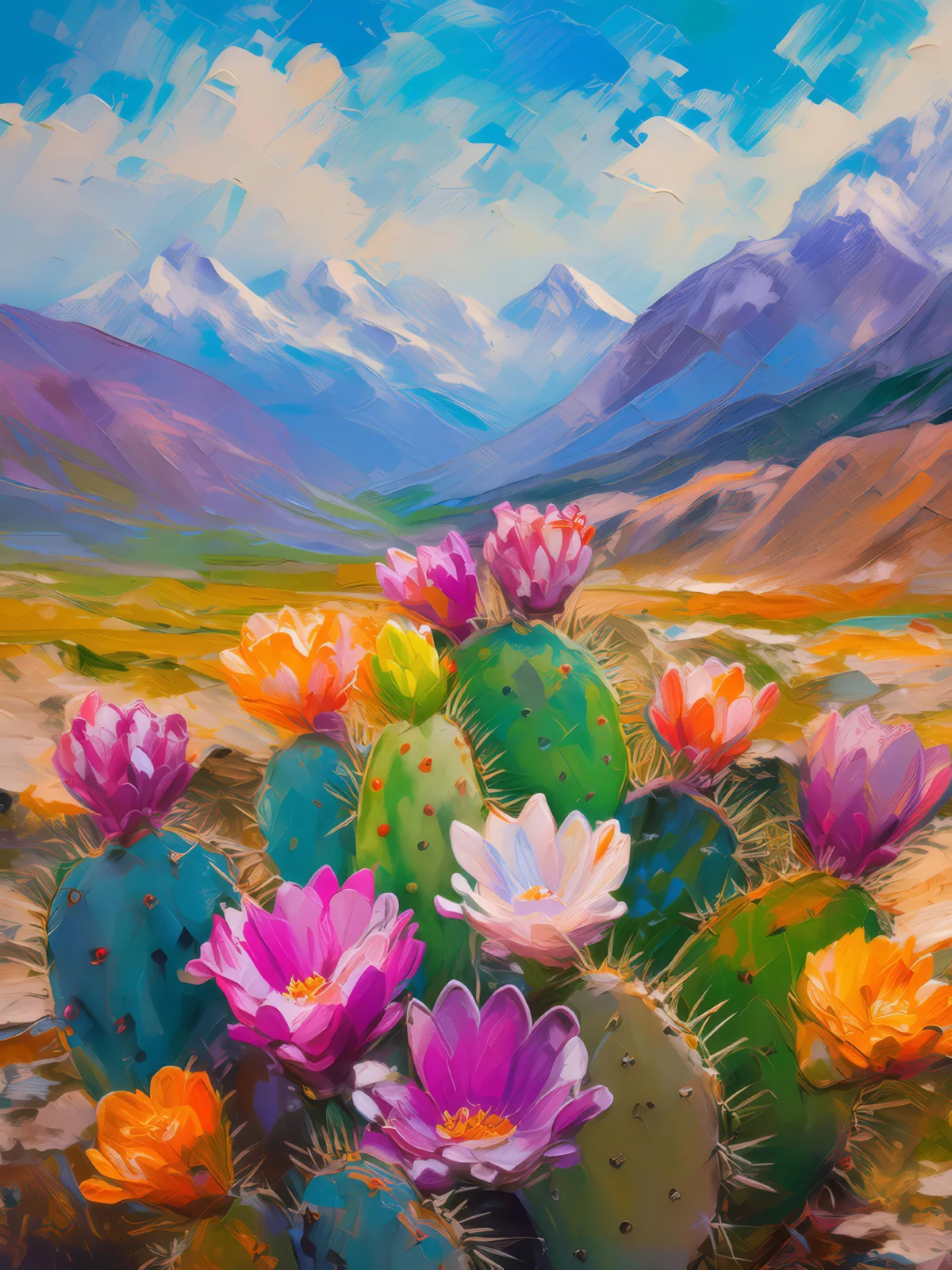 Flowering Cacti in Alpine Desert, a palette-knife oil landscape by Emma Mickelberg