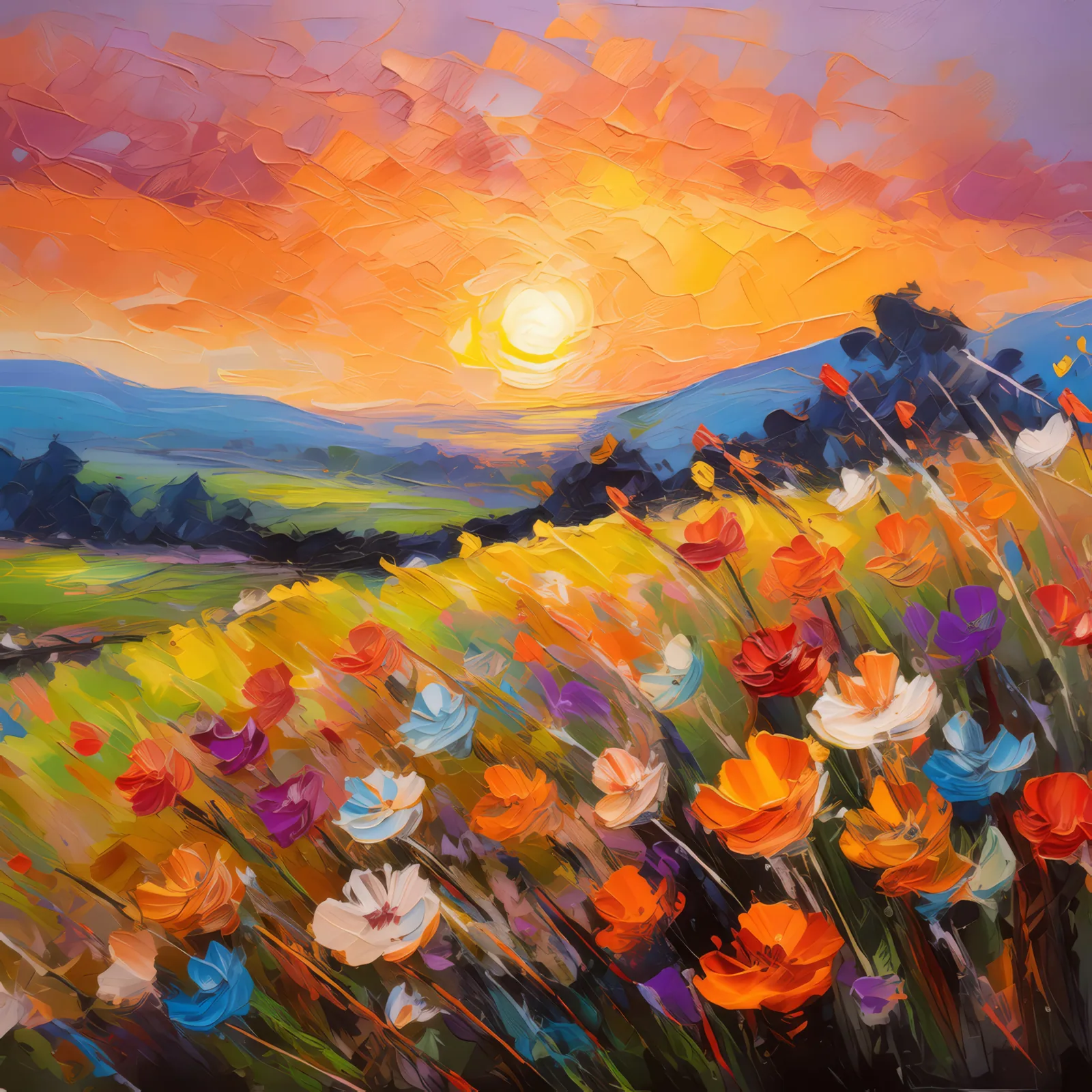 Flowering Grassland at Sunset, a palette-knife oil landscape by Emma Mickelberg