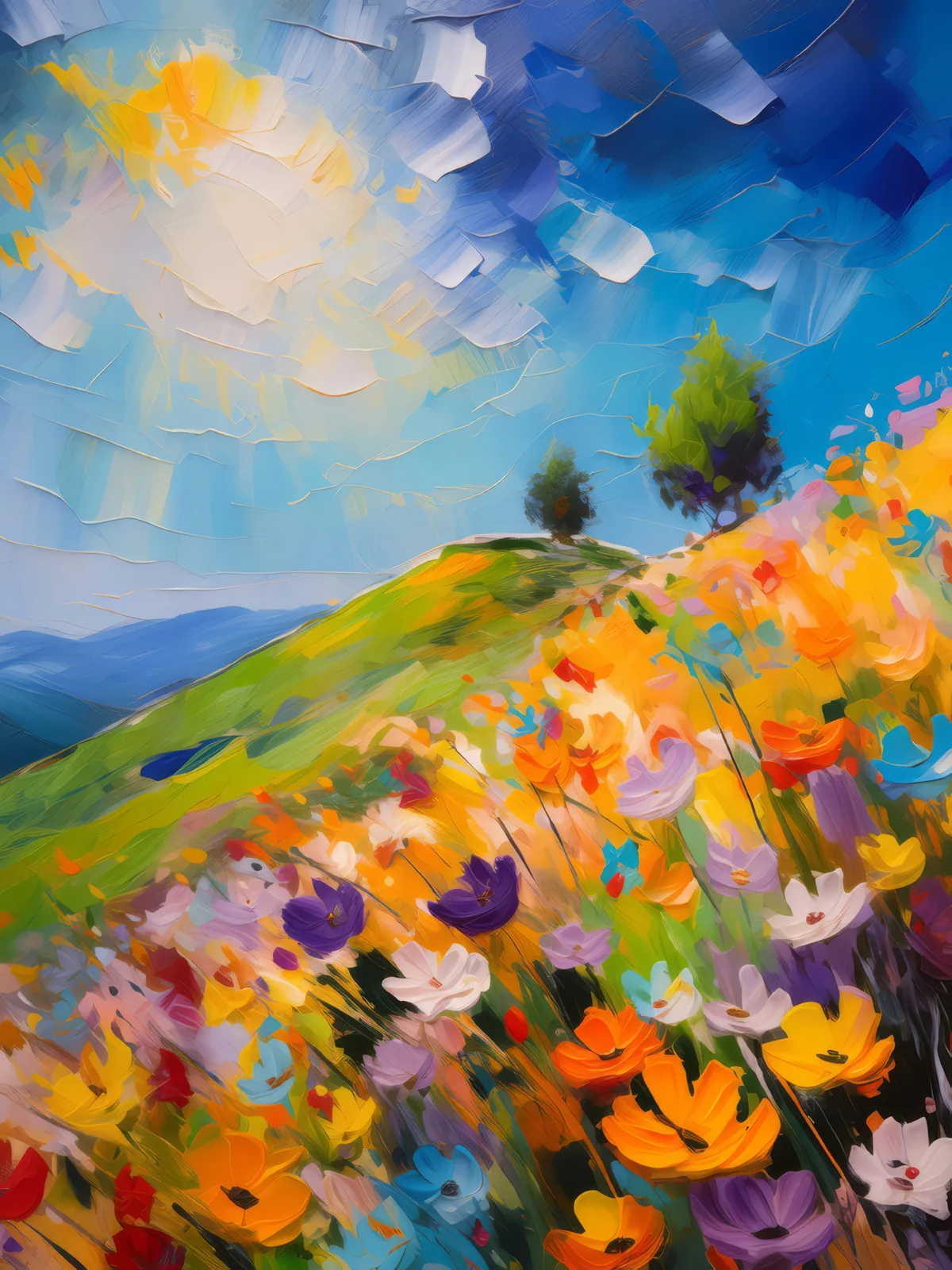Flowering Hill in Spring, a palette-knife oil landscape by Emma Mickelberg
