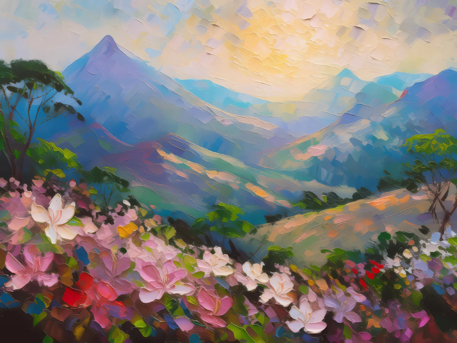Flowering Slopes at Dawn, a palette-knife oil landscape by Emma Mickelberg
