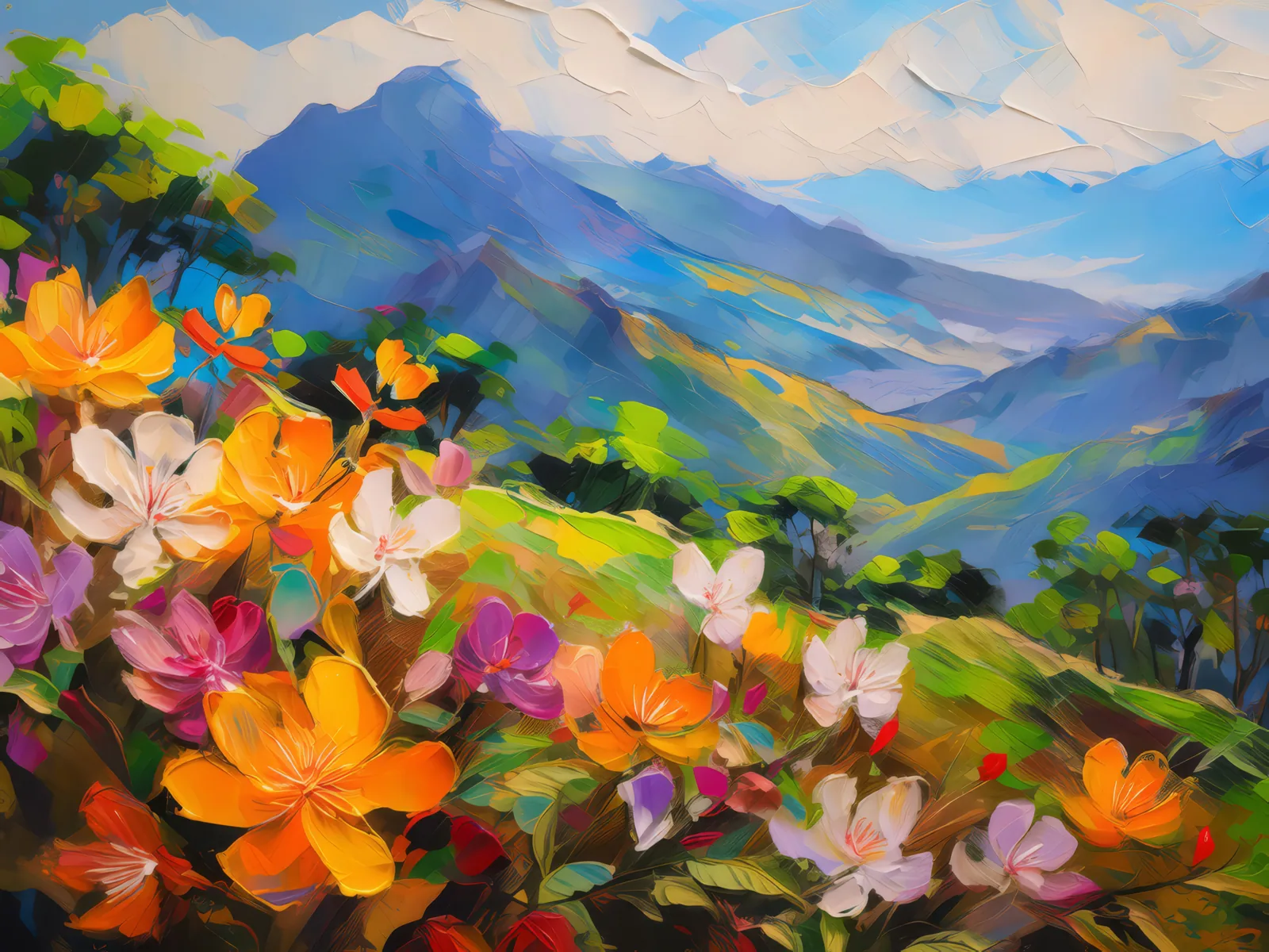 Flowering Slopes of the Tropics, a palette-knife oil landscape by Emma Mickelberg