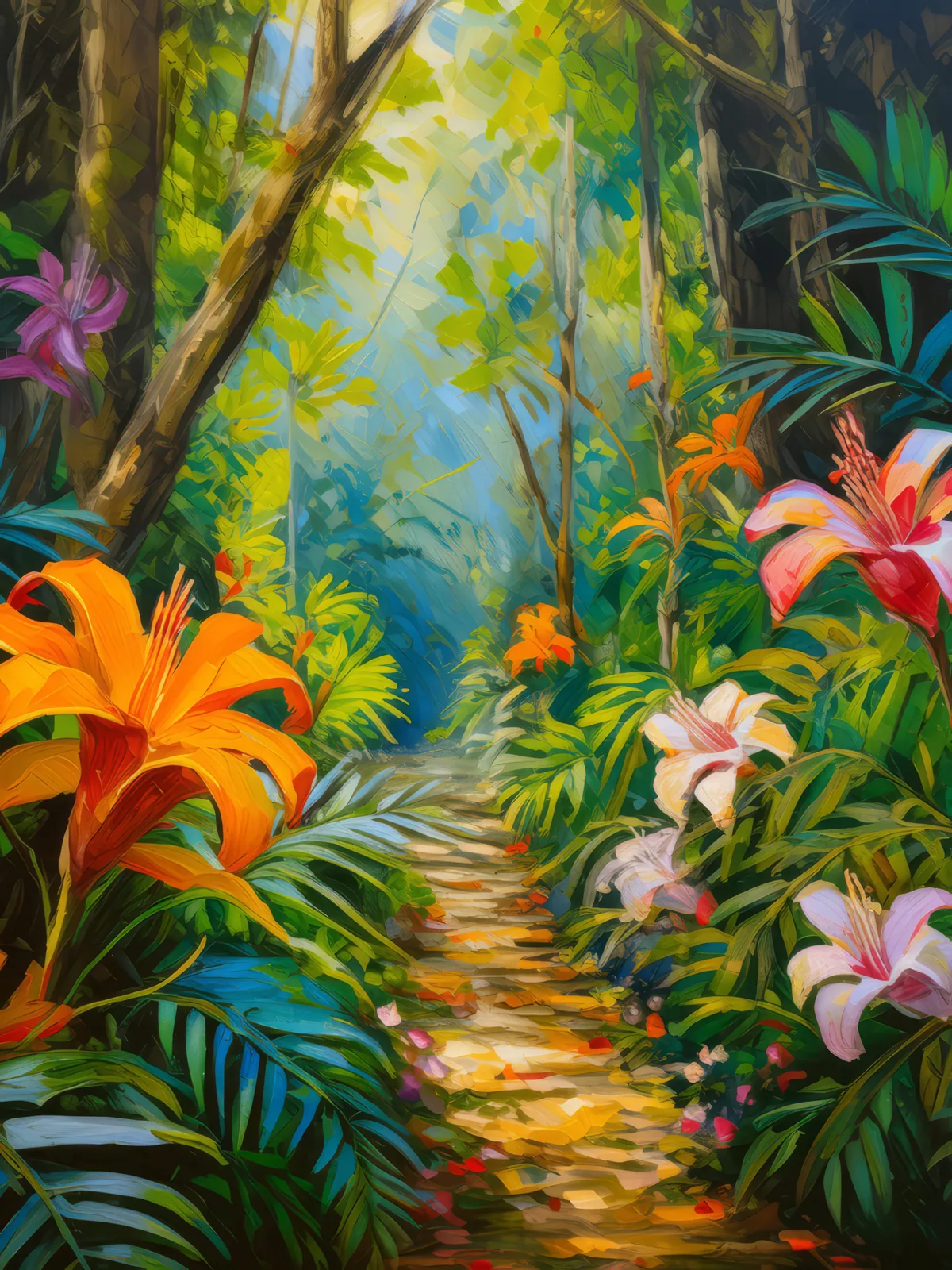 Flowers of the Jungle Path, a palette-knife oil landscape by Emma Mickelberg