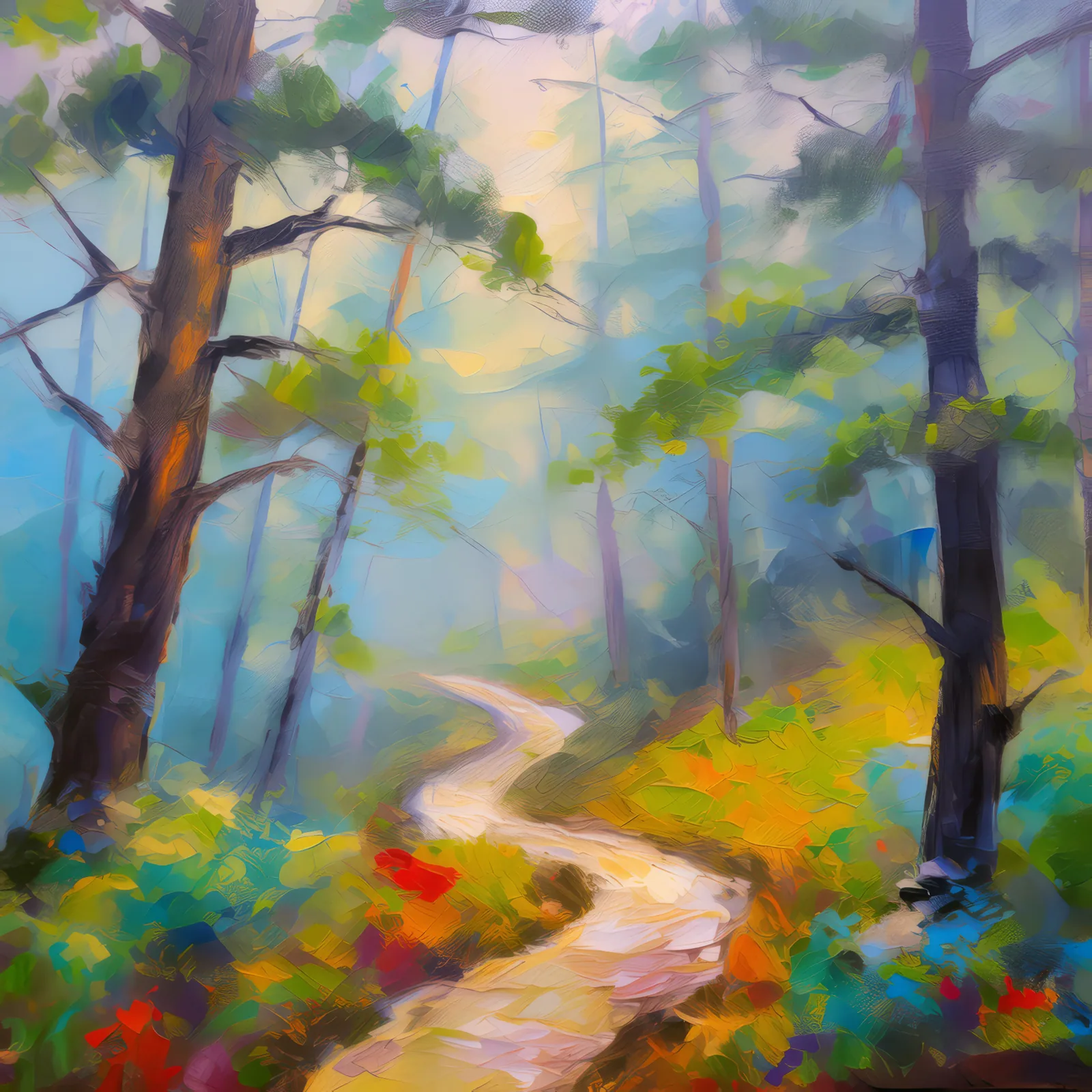 Fog Enveloped Forest Path, a palette-knife oil landscape by Emma Mickelberg