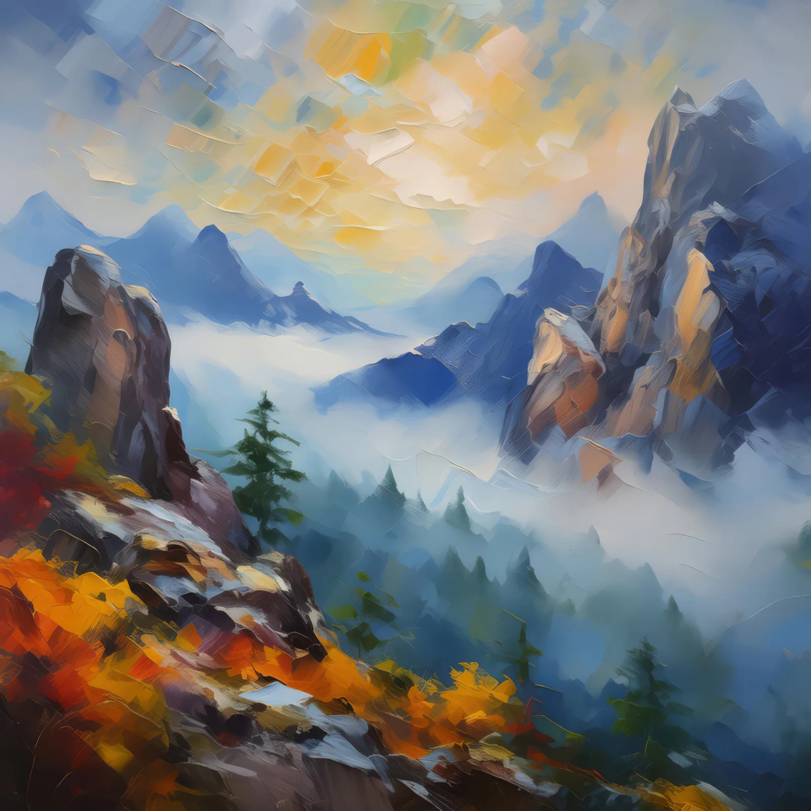 Fog-Shrouded Crag Mystery, a palette-knife oil landscape by Emma Mickelberg