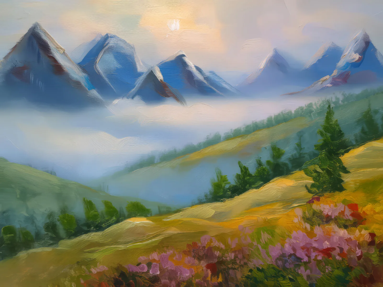 Foggy Alpine Morning, a palette-knife oil landscape by Emma Mickelberg
