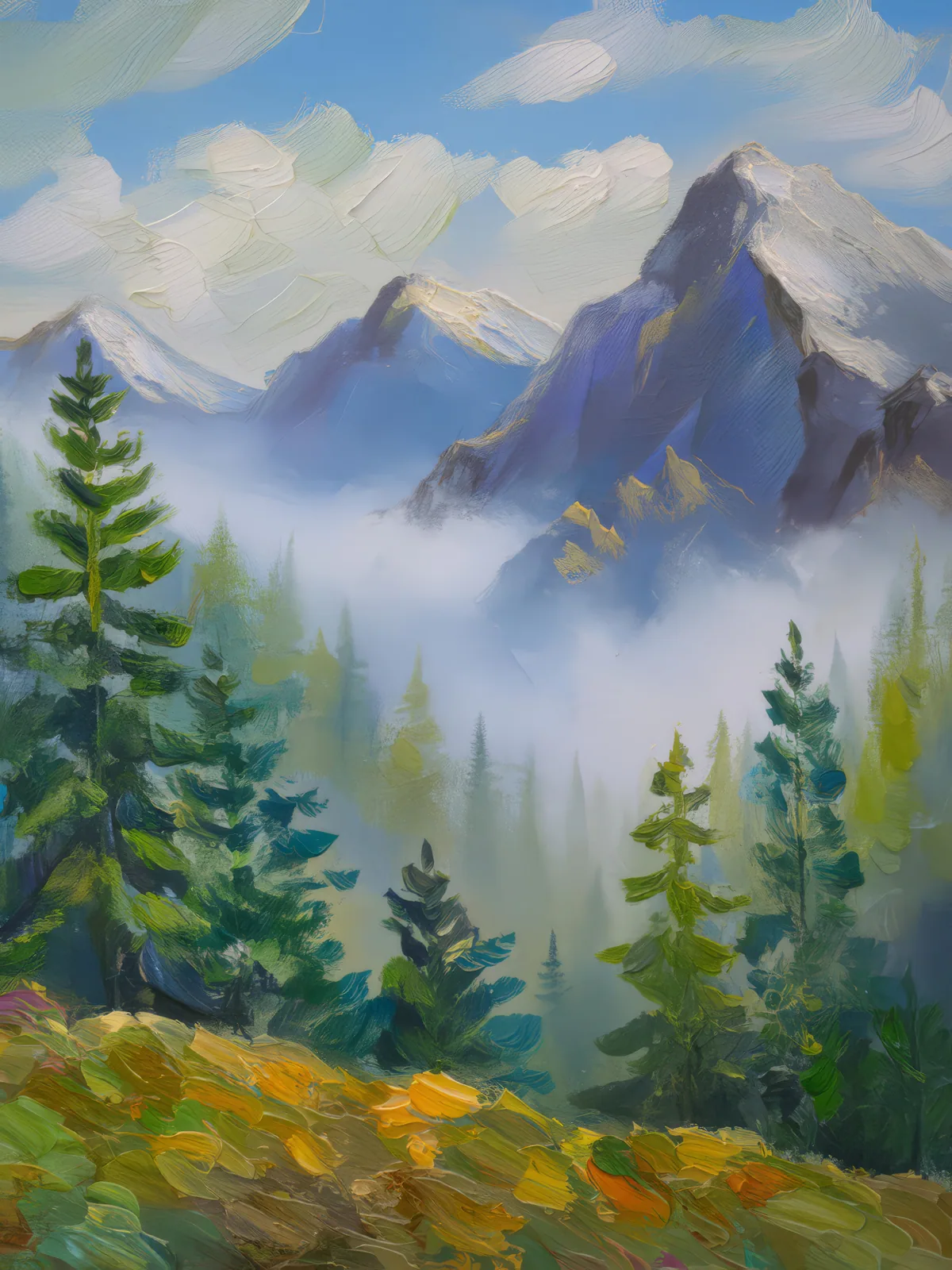 Foggy Alpine Mystery, a palette-knife oil landscape by Emma Mickelberg