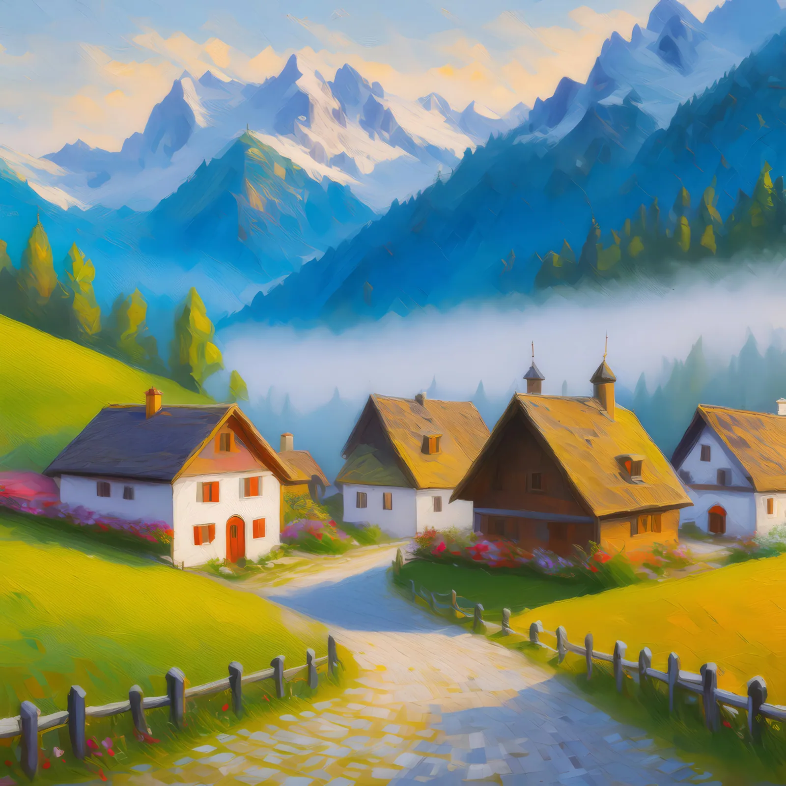 Foggy Alpine Village Morning, a palette-knife oil landscape by Emma Mickelberg