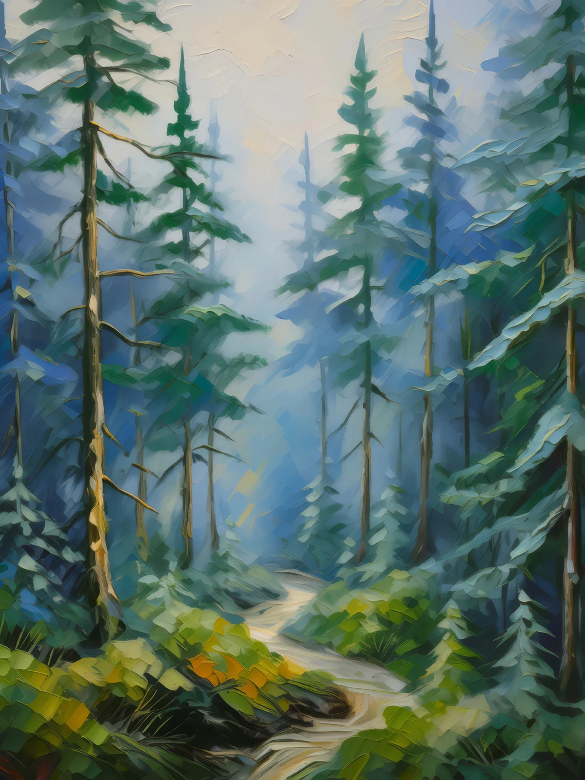 Foggy Boreal Forest Morning, a palette-knife oil landscape by Emma Mickelberg