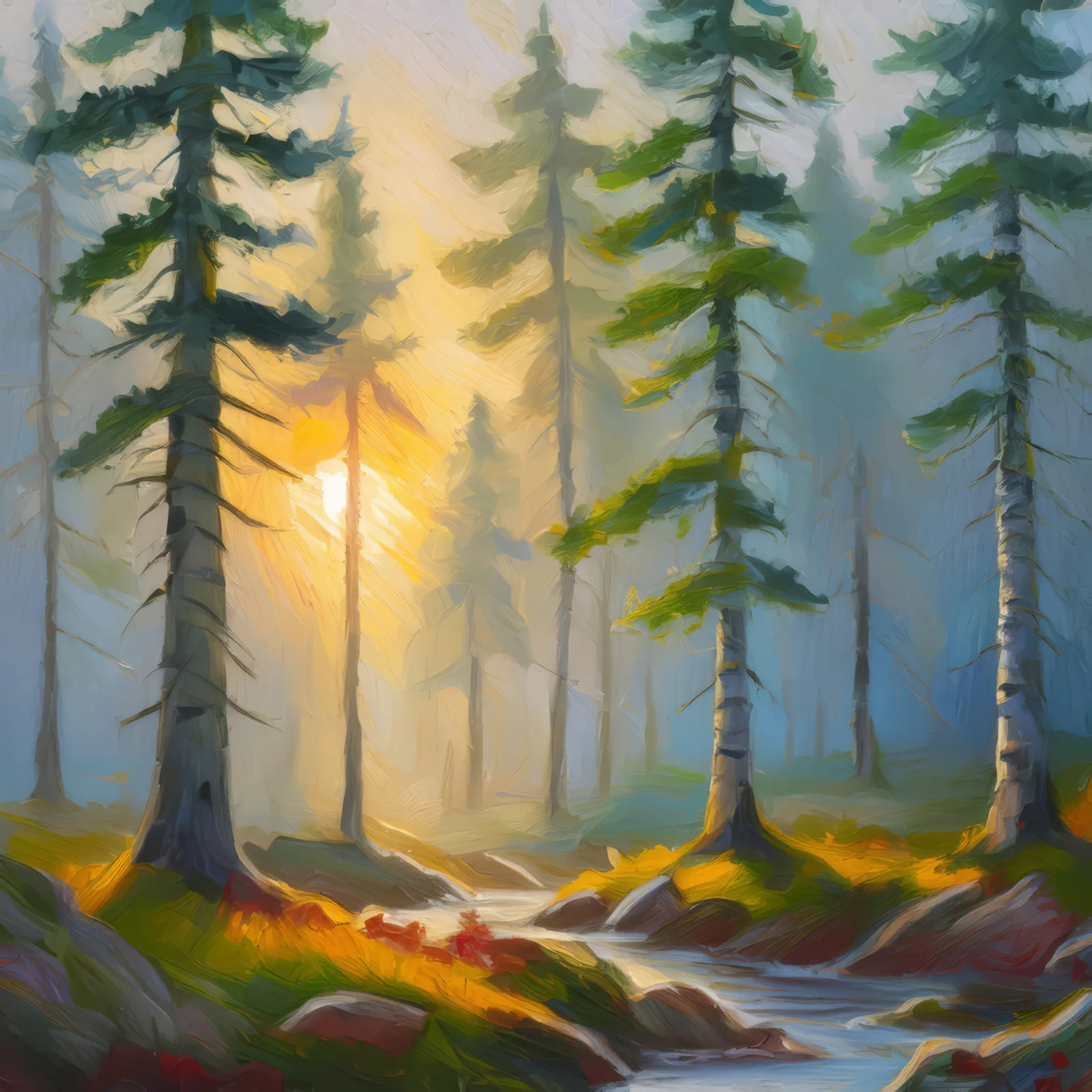 Foggy Boreal Sunrise, a palette-knife oil landscape by Emma Mickelberg