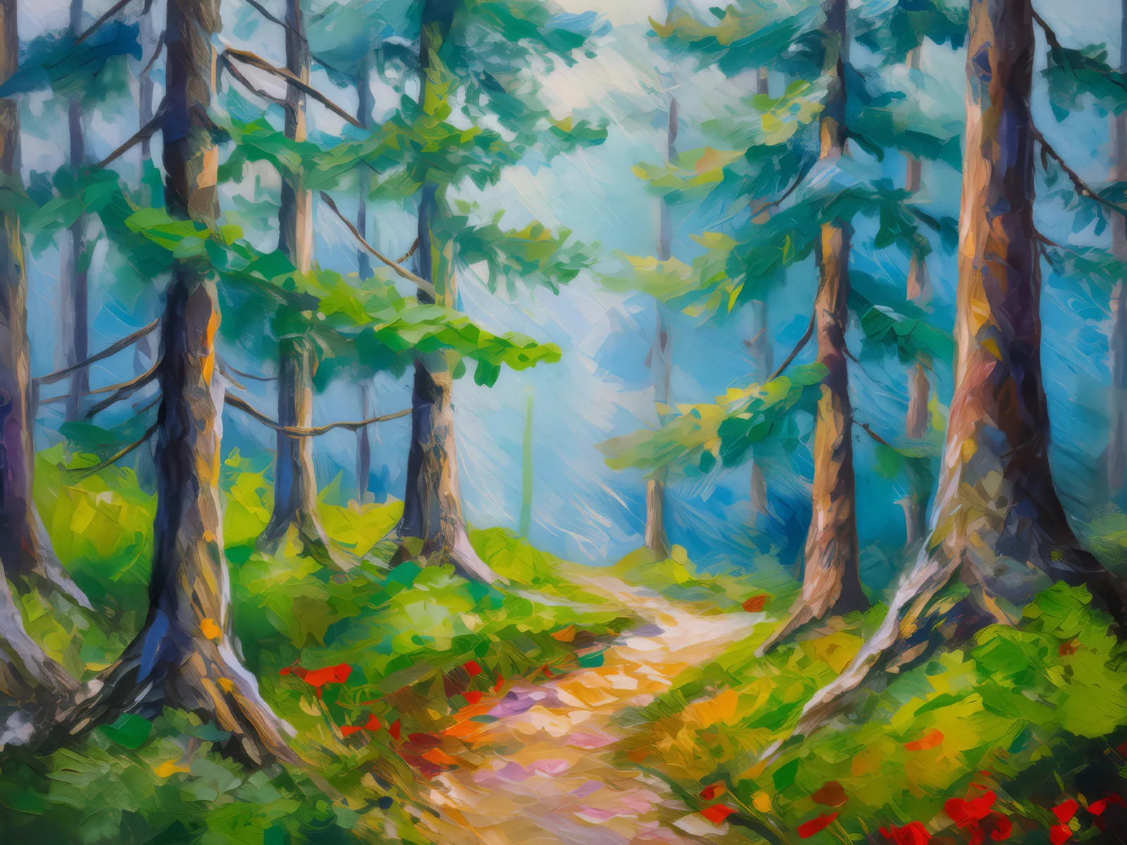 Foggy Boreal Trail, a palette-knife oil landscape by Emma Mickelberg