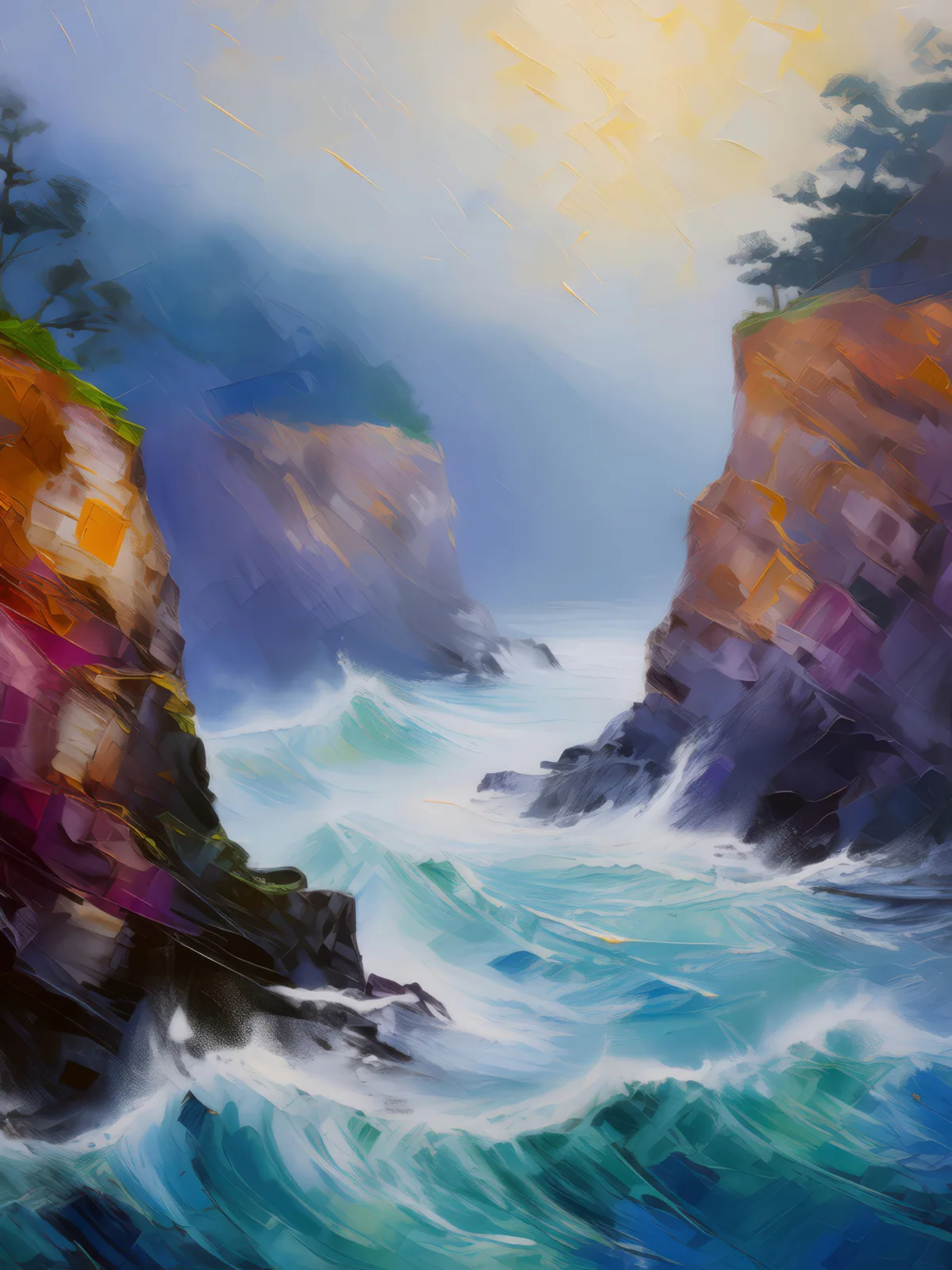 Foggy Coastal Chasm, a palette-knife oil landscape by Emma Mickelberg
