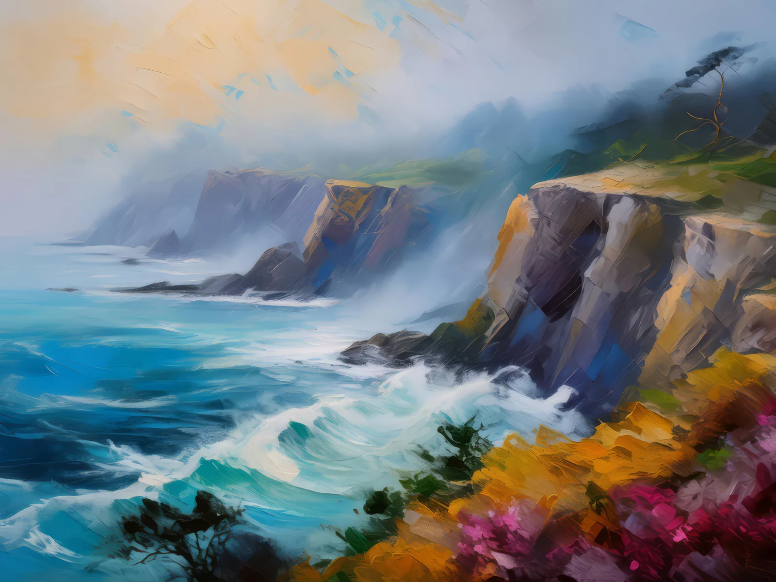 Foggy Coastal Cliffs, a palette-knife oil landscape by Emma Mickelberg