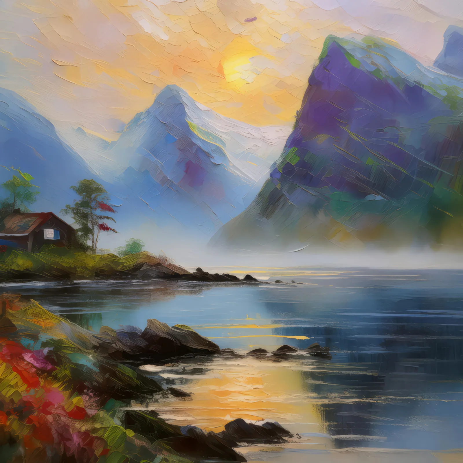 Foggy Dawn at the Fjord, a palette-knife oil landscape by Emma Mickelberg
