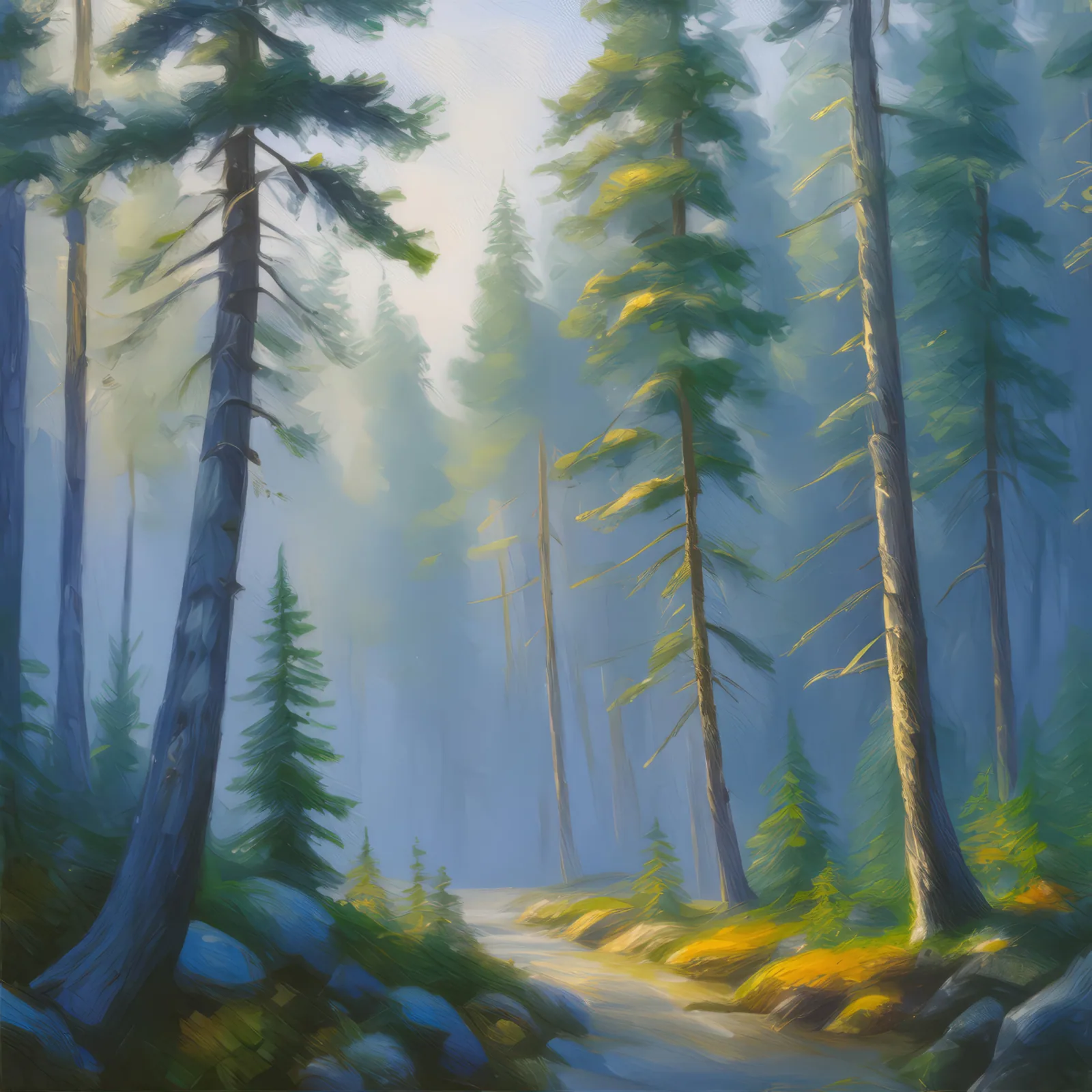Foggy Dawn in Boreal Forest, a palette-knife oil landscape by Emma Mickelberg