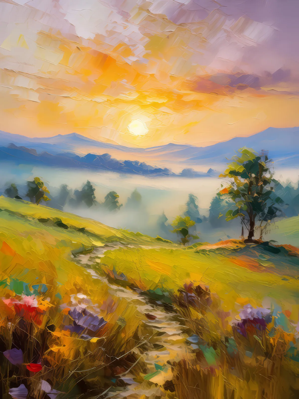 Foggy Dawn on Grassland, a palette-knife oil landscape by Emma Mickelberg
