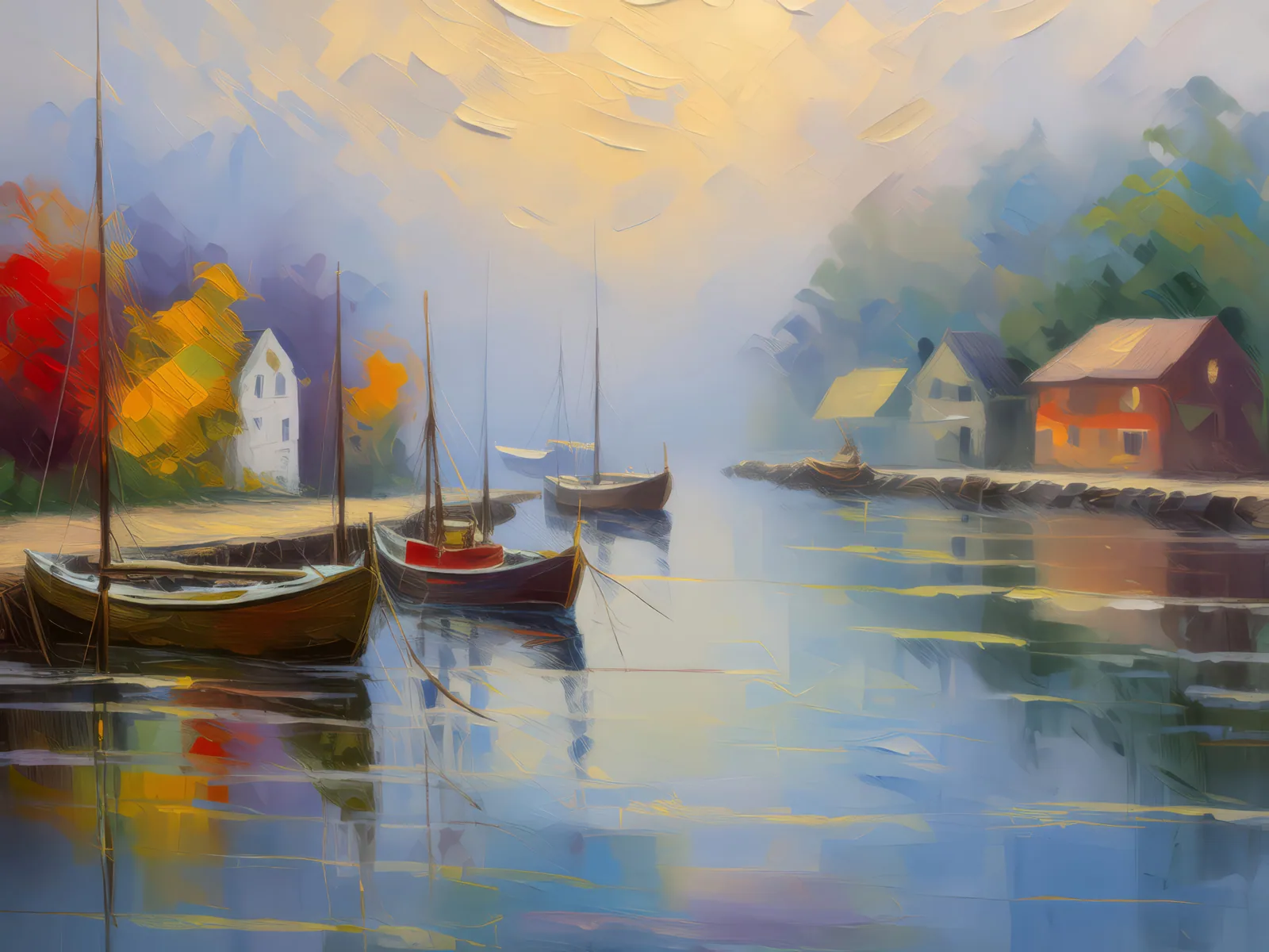 Foggy Dockside Morning, a palette-knife oil landscape by Emma Mickelberg