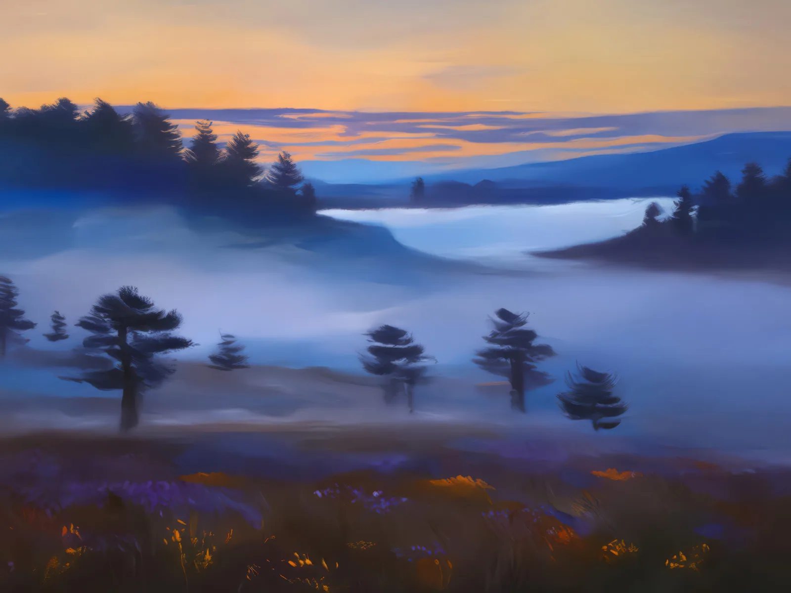Foggy Dusk on the Moor, a palette-knife oil landscape by Emma Mickelberg