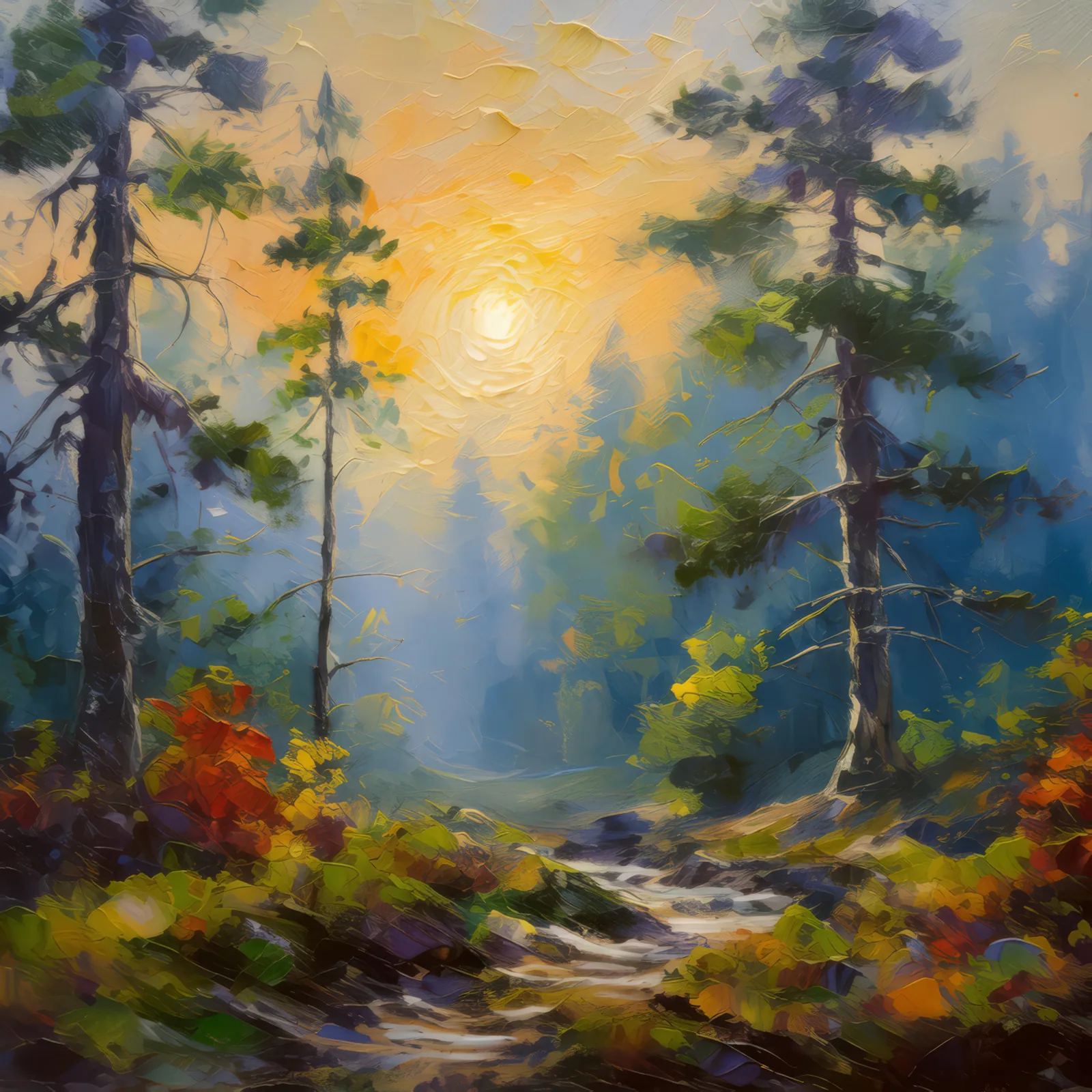 Foggy Forest at Dawn, a palette-knife oil landscape by Emma Mickelberg