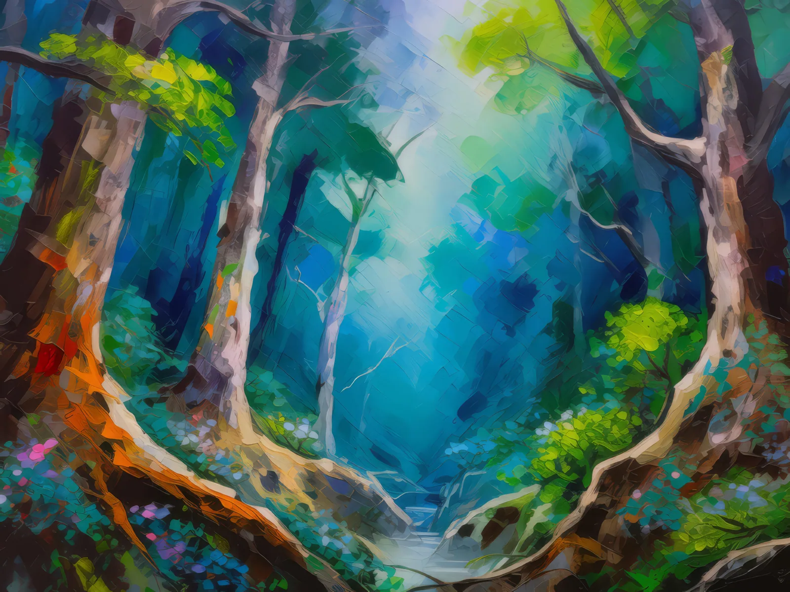 Foggy Forest Chasm, a palette-knife oil landscape by Emma Mickelberg