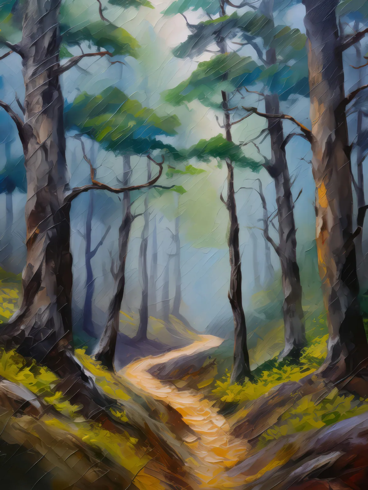 Foggy Forest Path, a palette-knife oil landscape by Emma Mickelberg