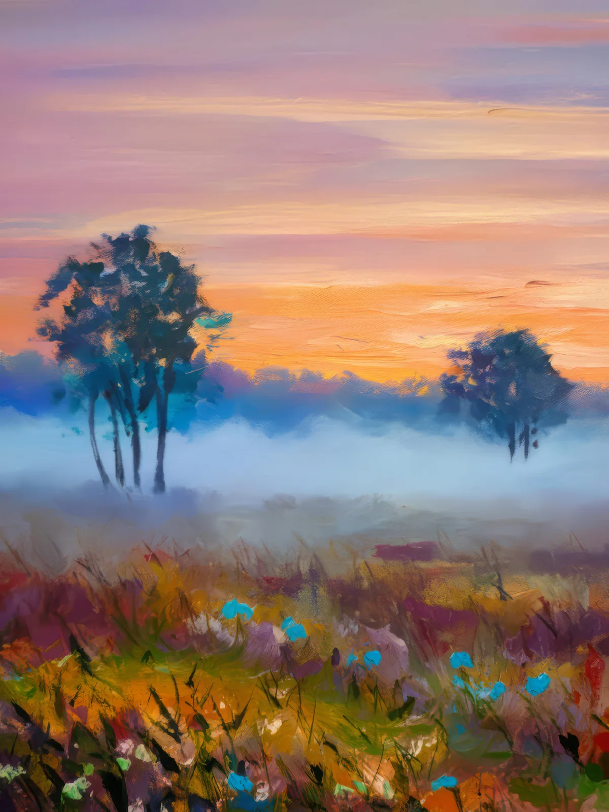 Foggy Grassland Morning, a palette-knife oil landscape by Emma Mickelberg