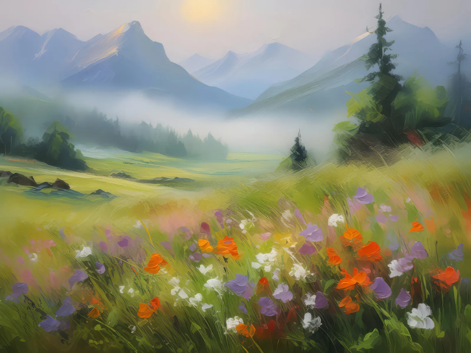 Foggy Highland Meadow, a palette-knife oil landscape by Emma Mickelberg