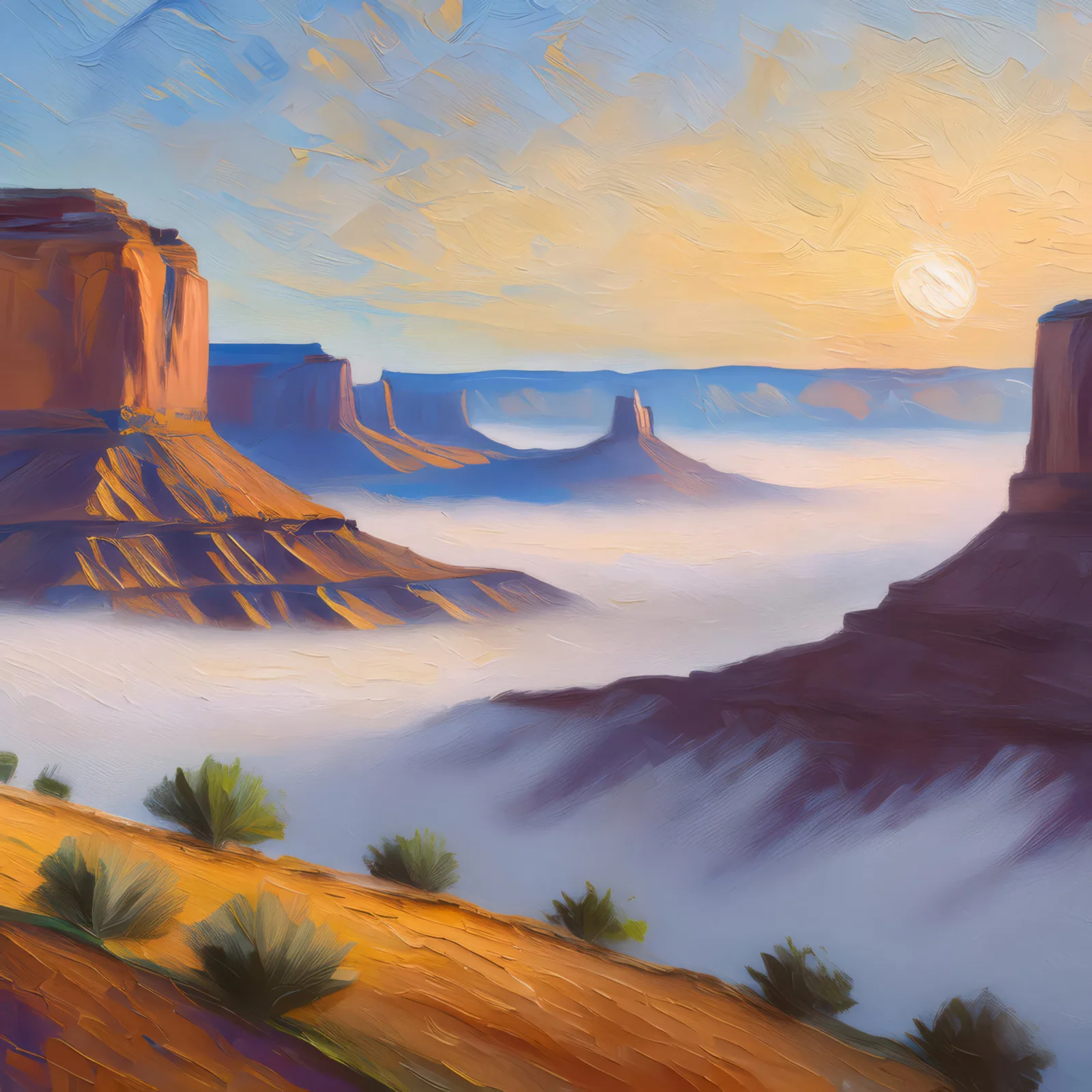 Foggy Mesa Morning, a palette-knife oil landscape by Emma Mickelberg