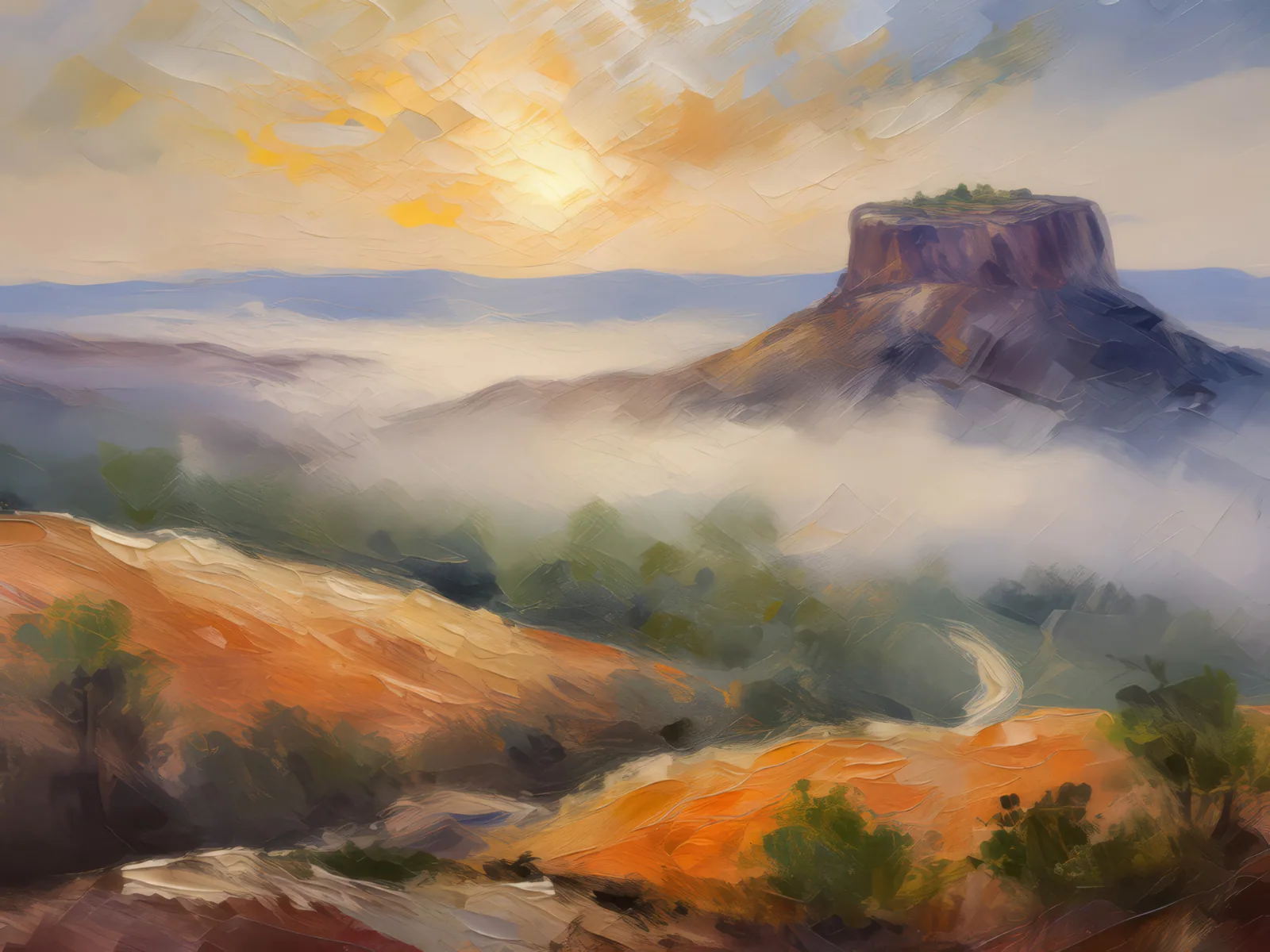 Foggy Mesa Sunrise, a palette-knife oil landscape by Emma Mickelberg
