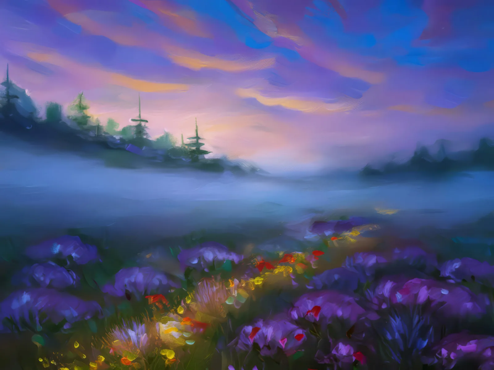 Foggy Moor at Twilight, a palette-knife oil landscape by Emma Mickelberg