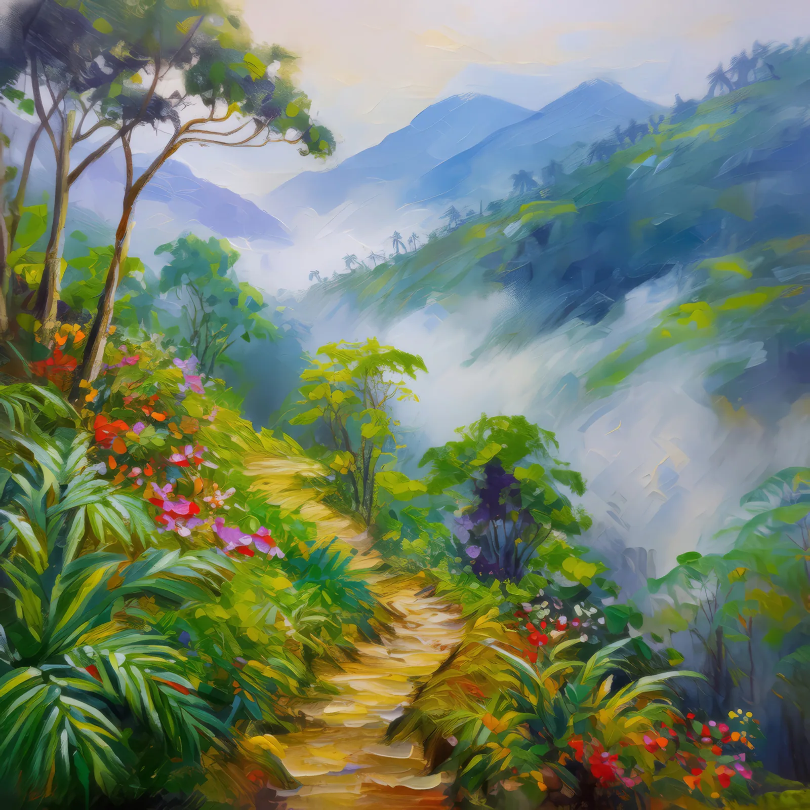 Foggy Morning Mountain Trek, a palette-knife oil landscape by Emma Mickelberg