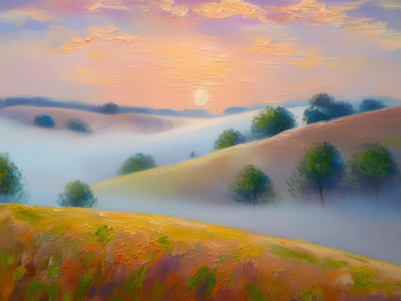 Foggy Morning on Country Hill, a palette-knife oil landscape by Emma Mickelberg