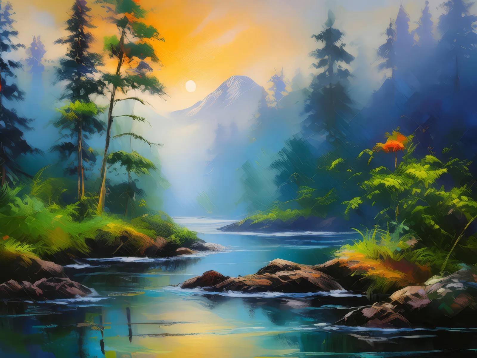 Foggy Morning Treks in Jungle, a palette-knife oil landscape by Emma Mickelberg