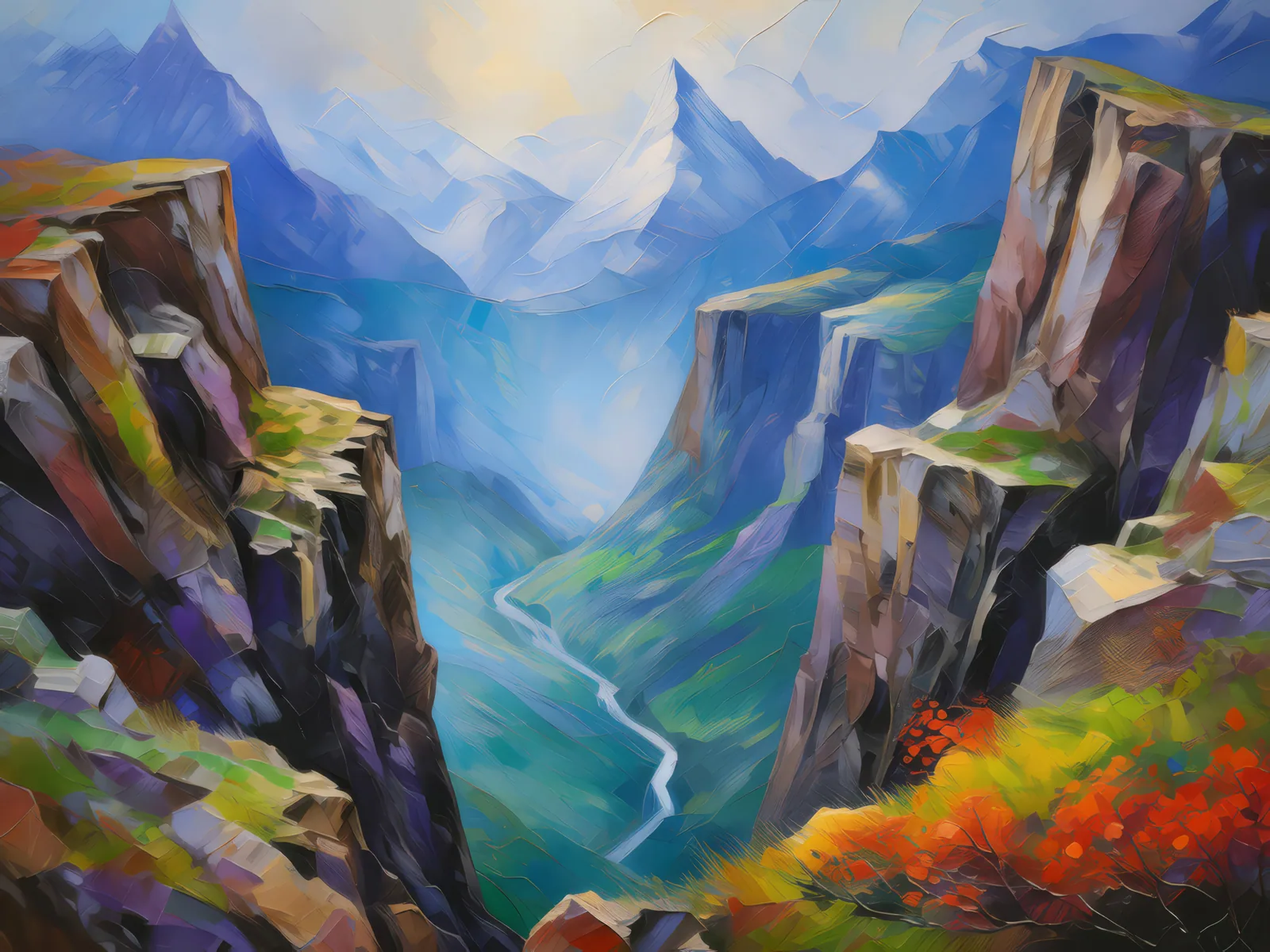Foggy Mountain Chasm, a palette-knife oil landscape by Emma Mickelberg