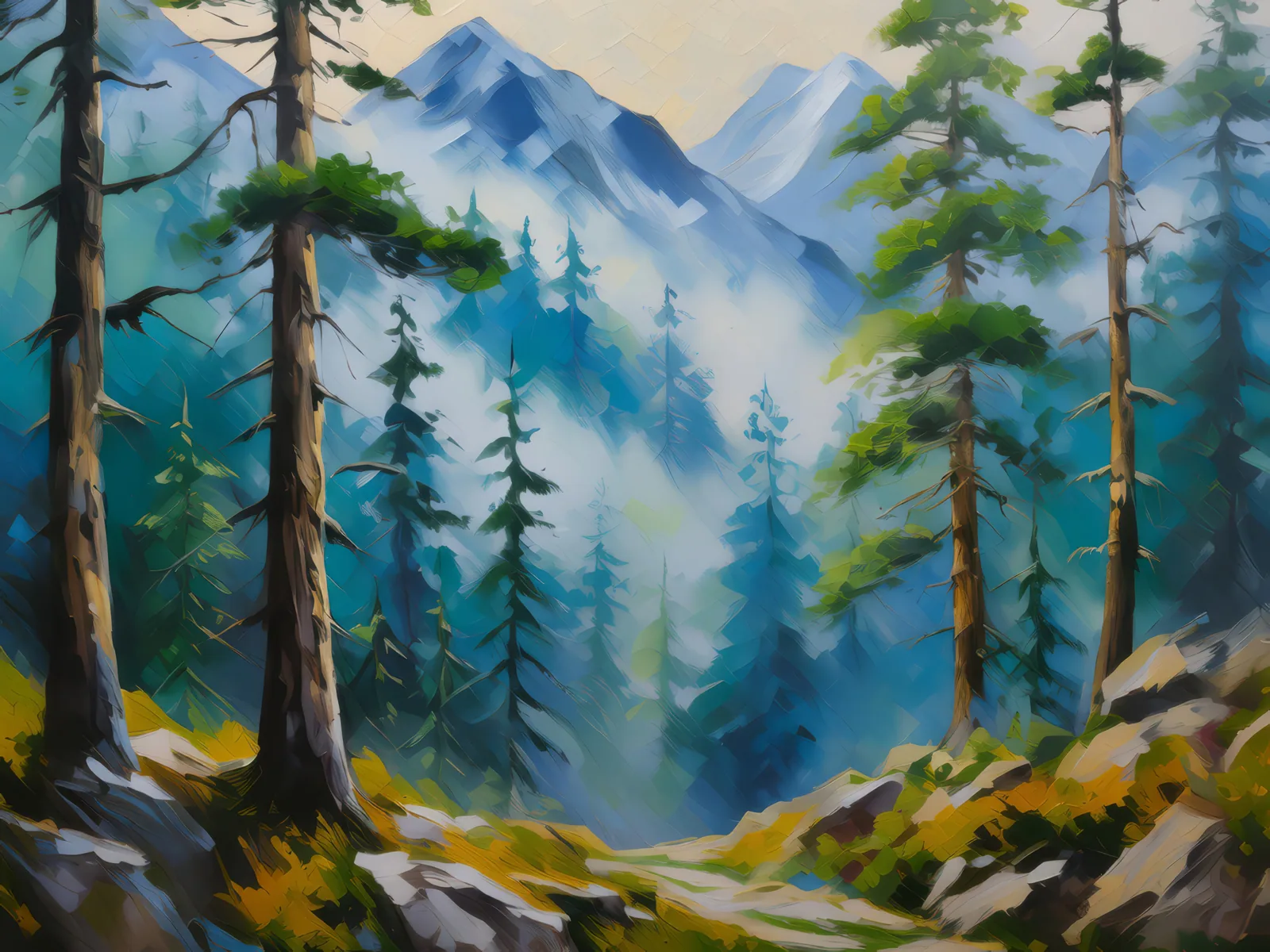 Foggy Mountain Forest, a palette-knife oil landscape by Emma Mickelberg