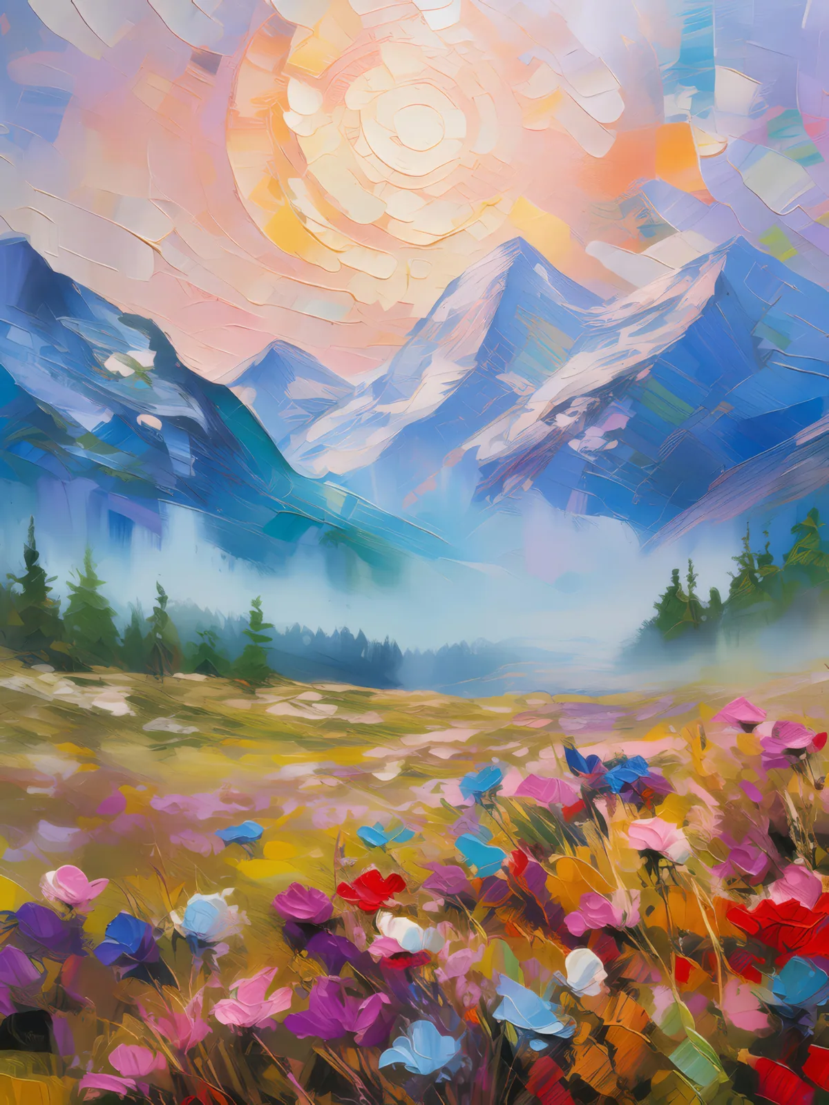 Foggy Mountain Morning, a palette-knife oil landscape by Emma Mickelberg
