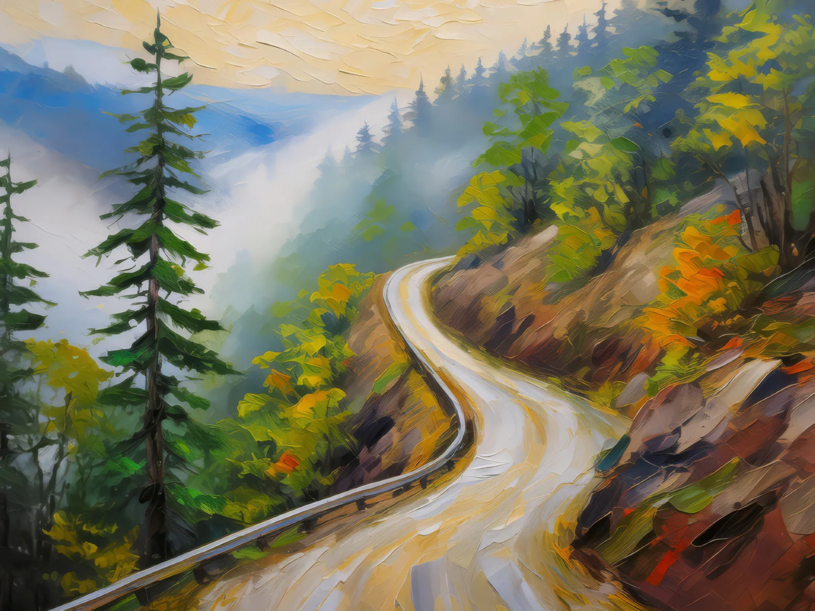 Foggy Mountain Road, a palette-knife oil landscape by Emma Mickelberg