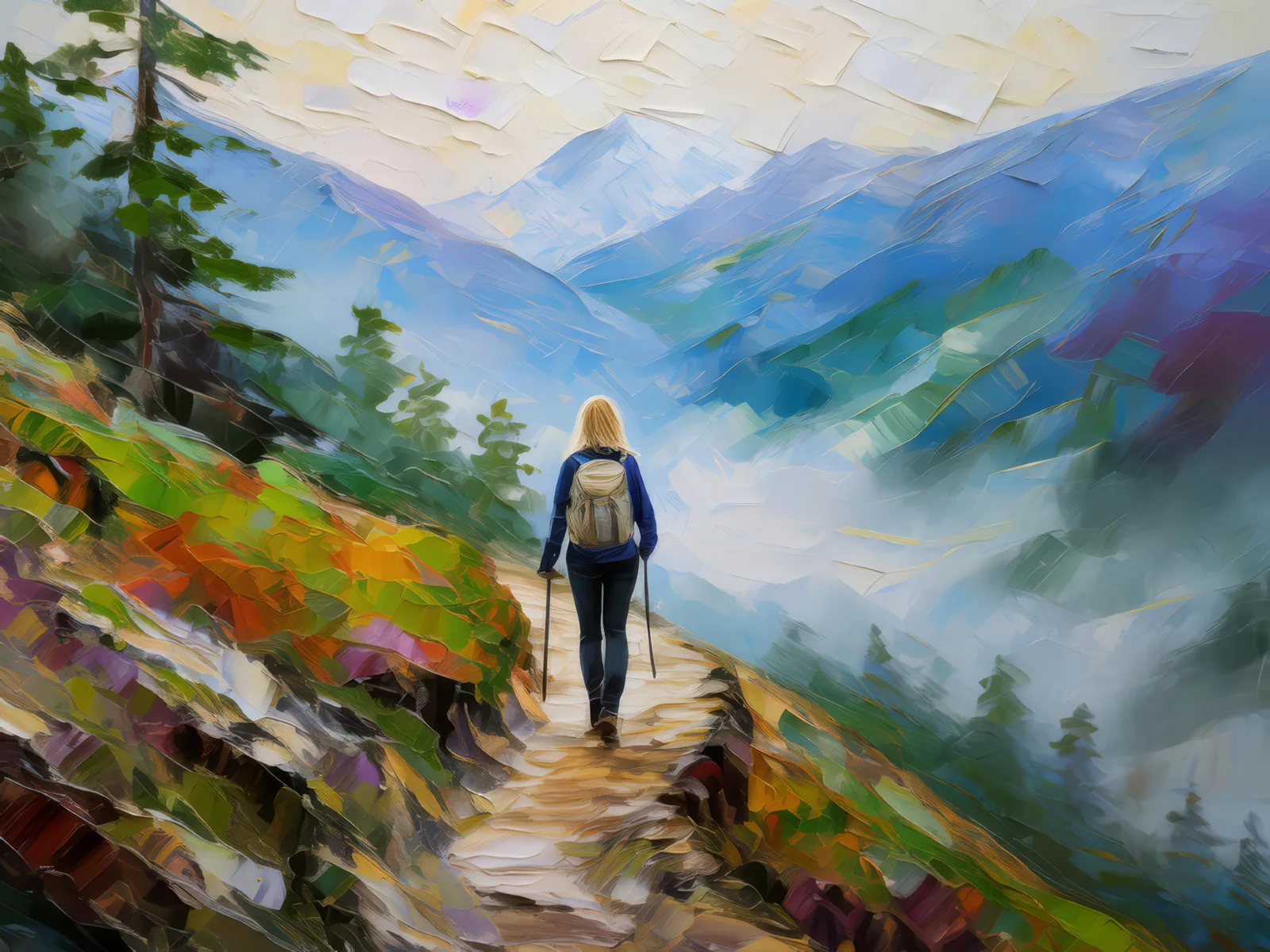 Foggy Mountain Trail, a palette-knife oil landscape by Emma Mickelberg