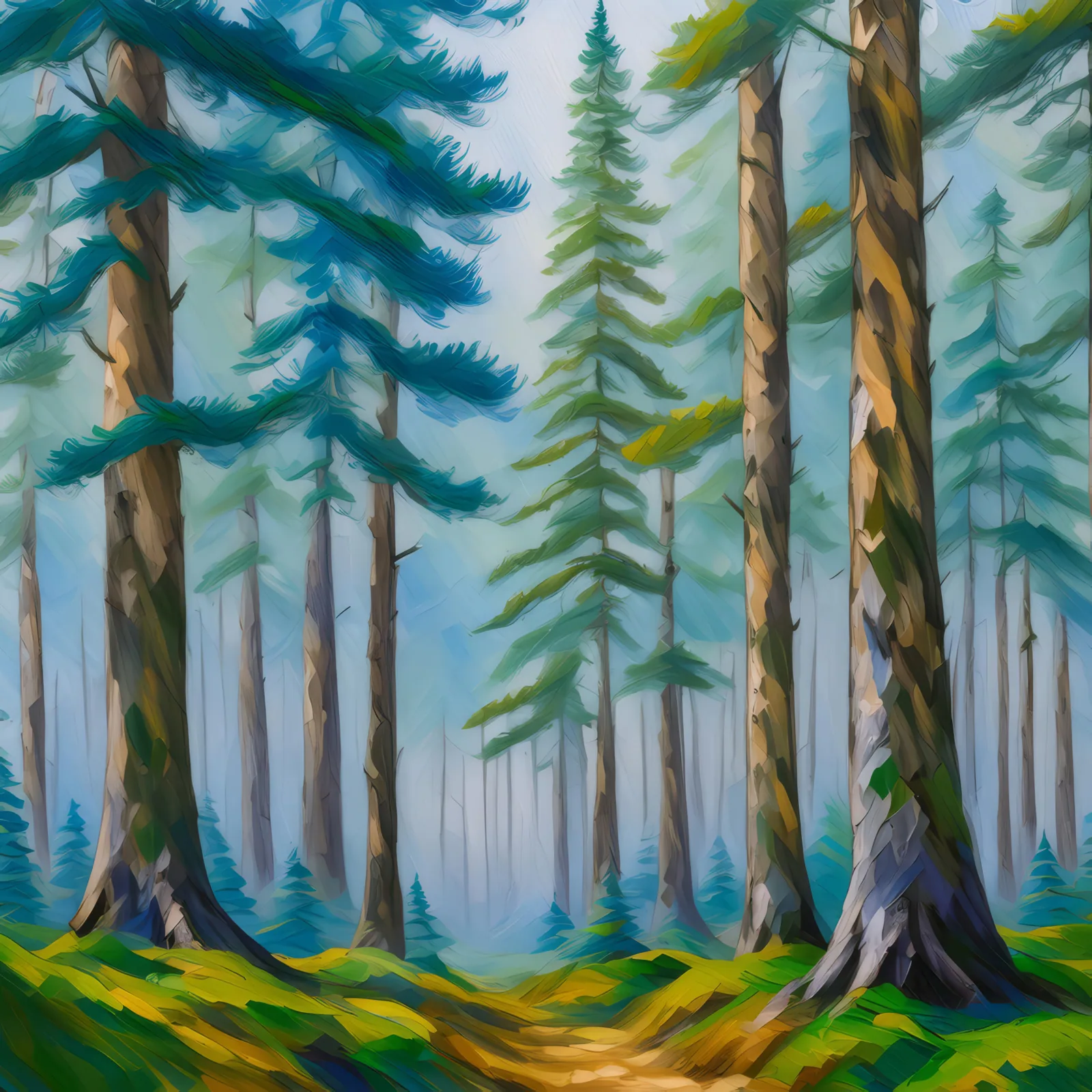Foggy Pine Forest, a palette-knife oil landscape by Emma Mickelberg