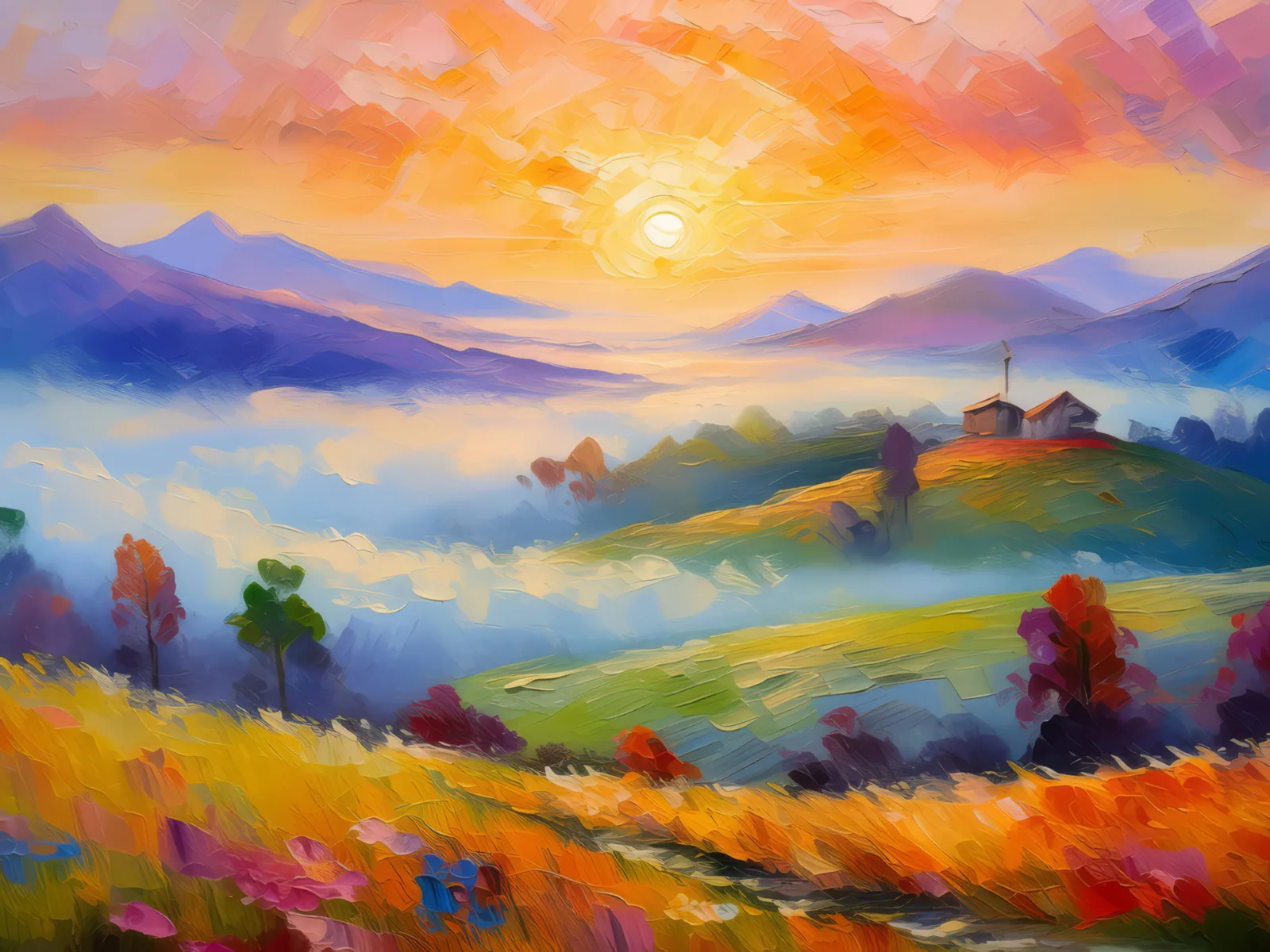 Foggy Plateau Sunrise, a palette-knife oil landscape by Emma Mickelberg