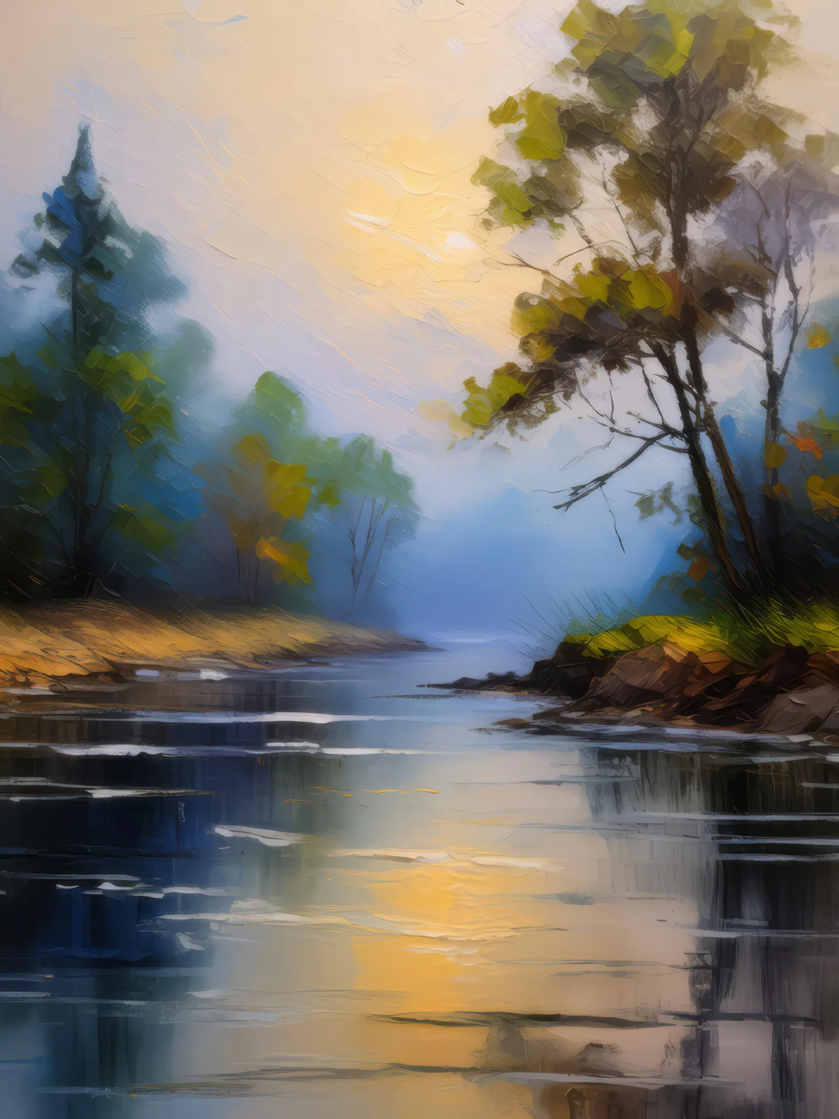 Foggy Riverbank, a palette-knife oil landscape by Emma Mickelberg