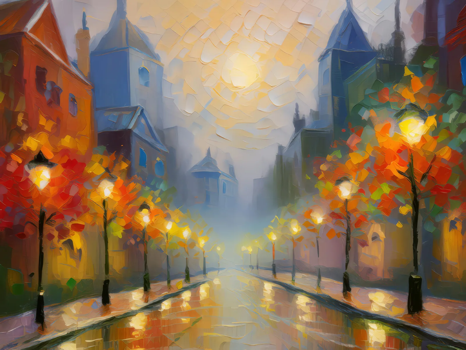 Foggy Urban Morning, a palette-knife oil landscape by Emma Mickelberg