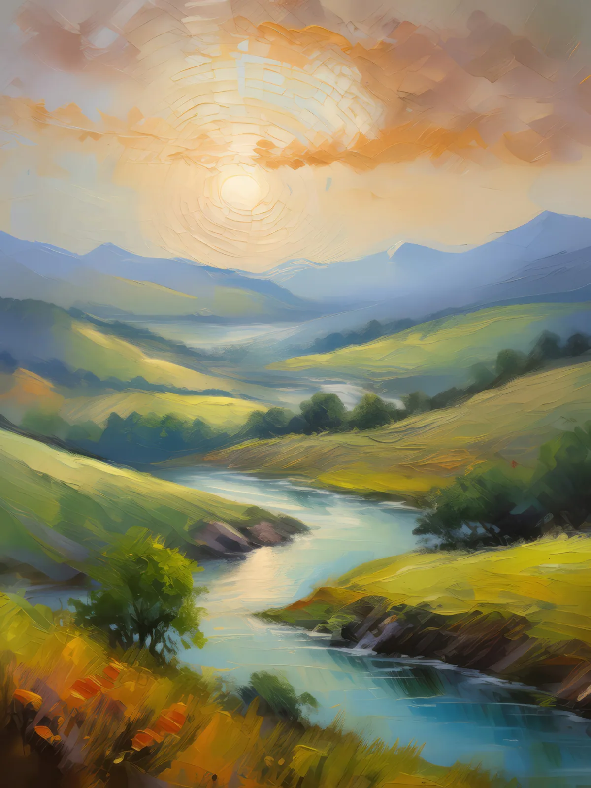 Foggy Valley Morning, a palette-knife oil landscape by Emma Mickelberg