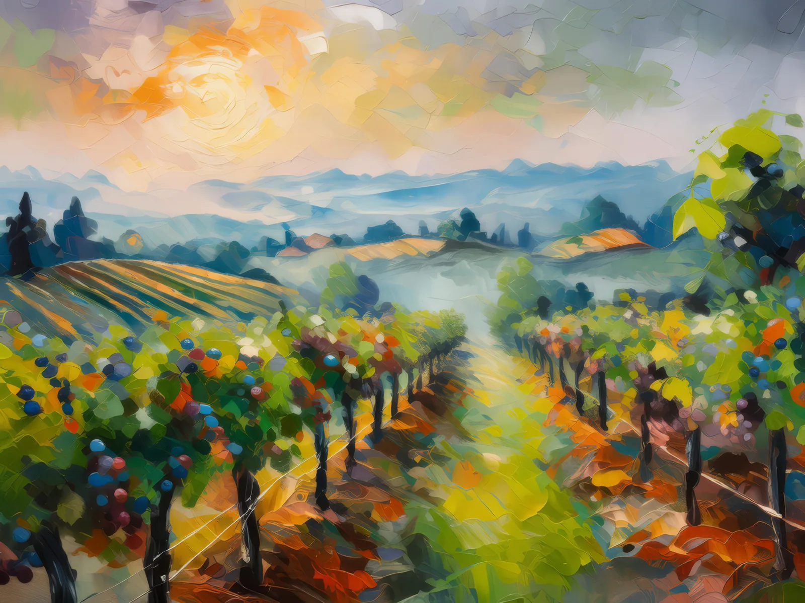 Foggy Vineyard Morning, a palette-knife oil landscape by Emma Mickelberg