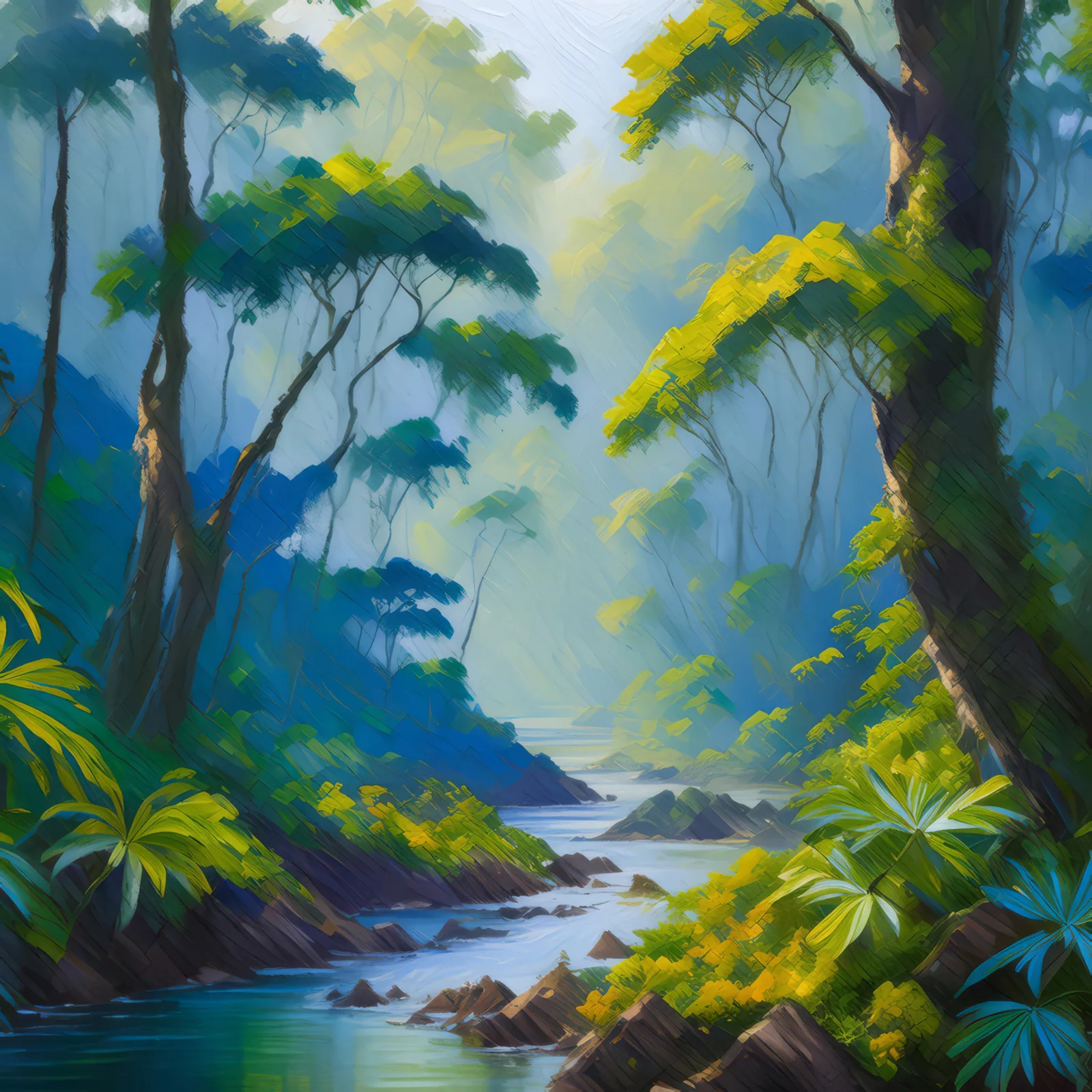 Fog's Embrace of the Jungle, a palette-knife oil landscape by Emma Mickelberg