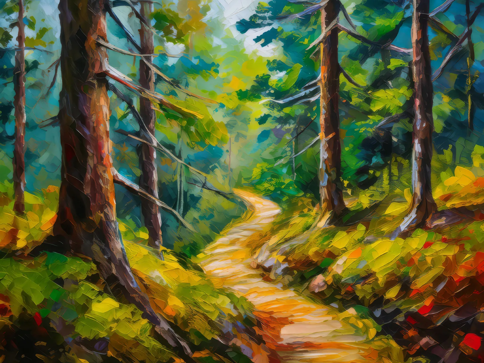 Forest Adventure Trail, a palette-knife oil landscape by Emma Mickelberg