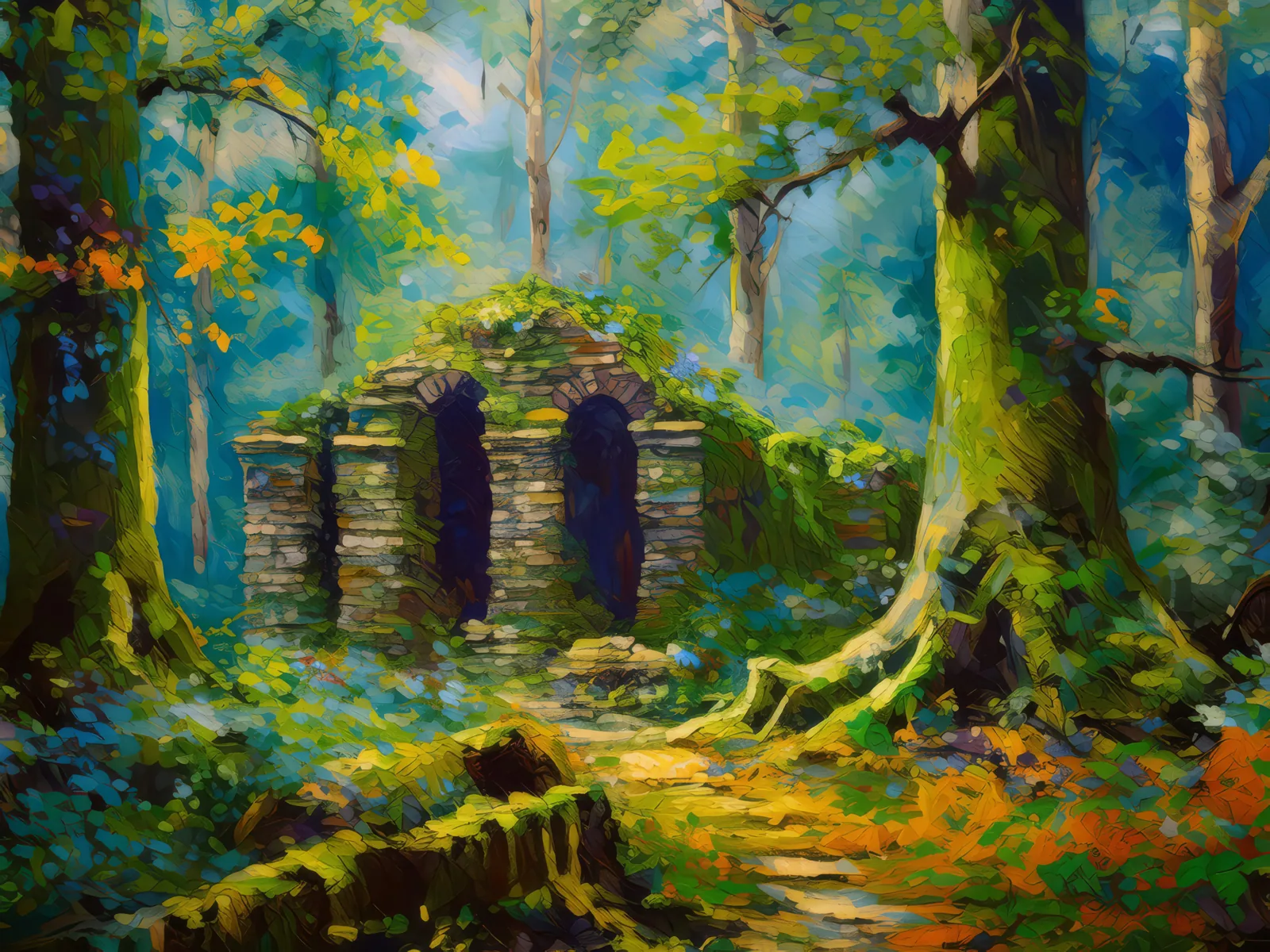 Forest Ancient Ruins, a palette-knife oil landscape by Emma Mickelberg