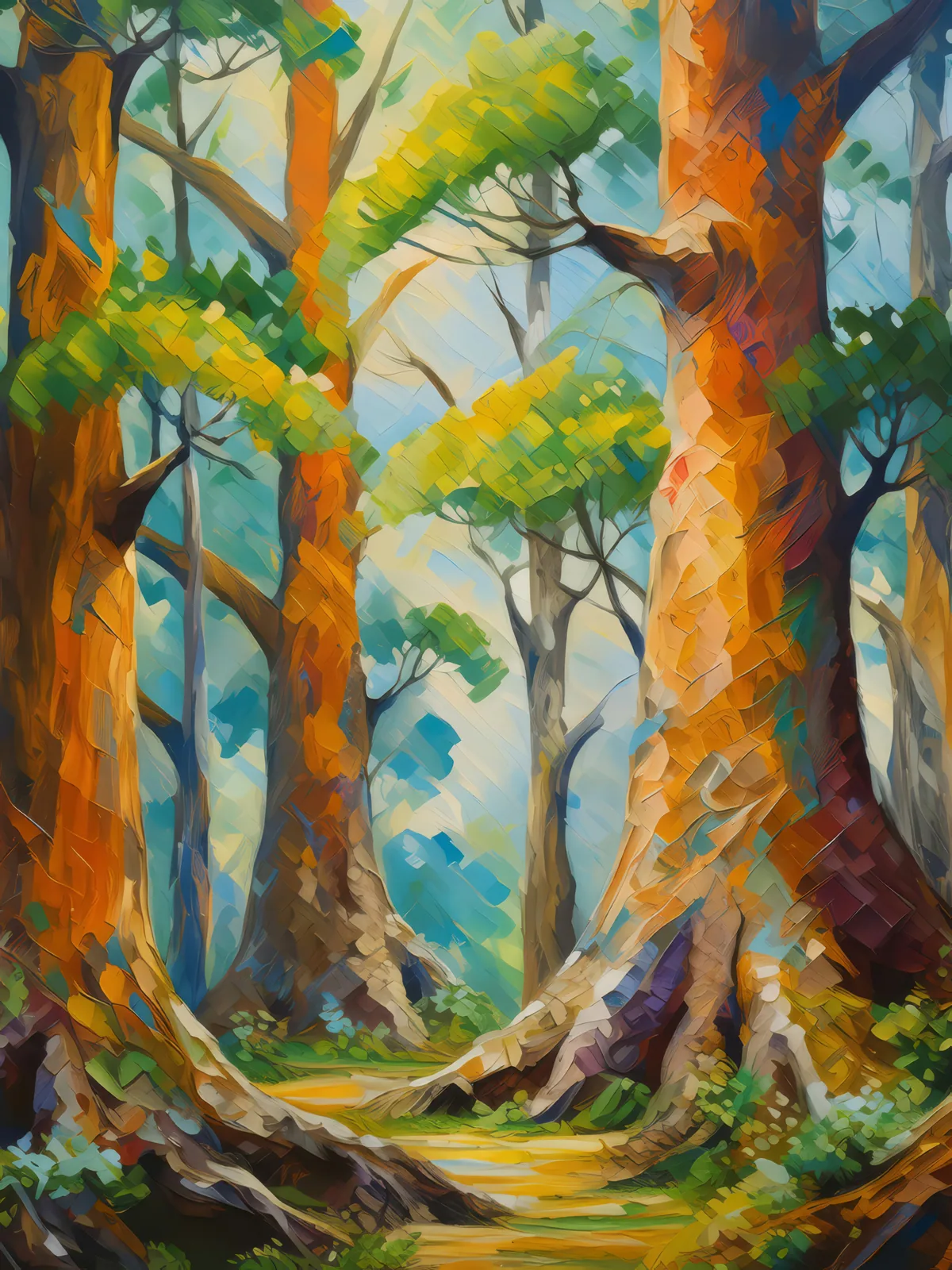 Forest Ancient Trees, a palette-knife oil landscape by Emma Mickelberg