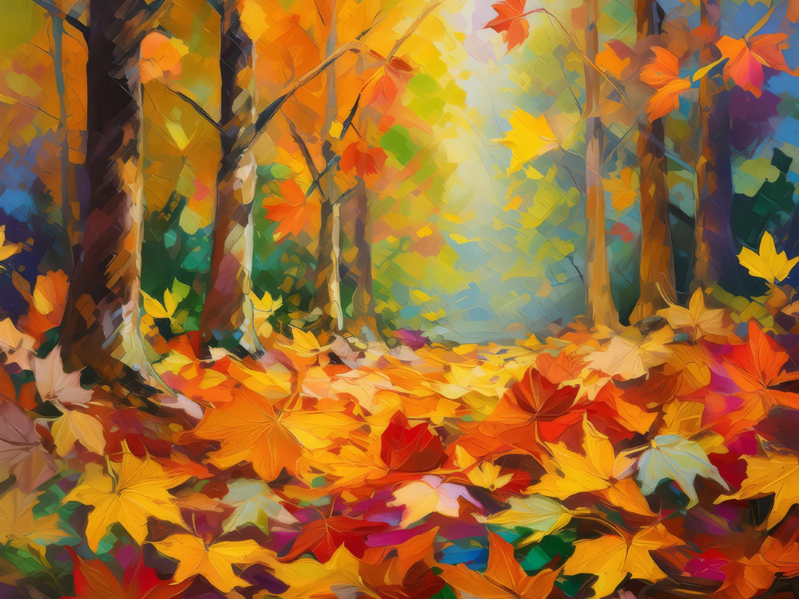 Forest Autumn Leaves, a palette-knife oil landscape by Emma Mickelberg