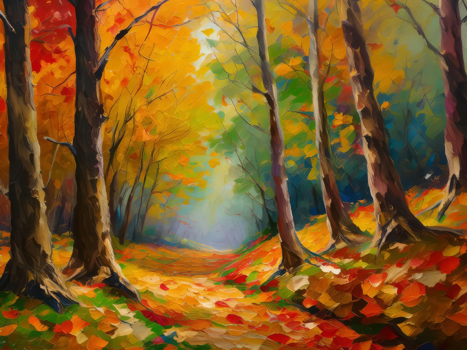 Forest Autumn Walk, a palette-knife oil landscape by Emma Mickelberg